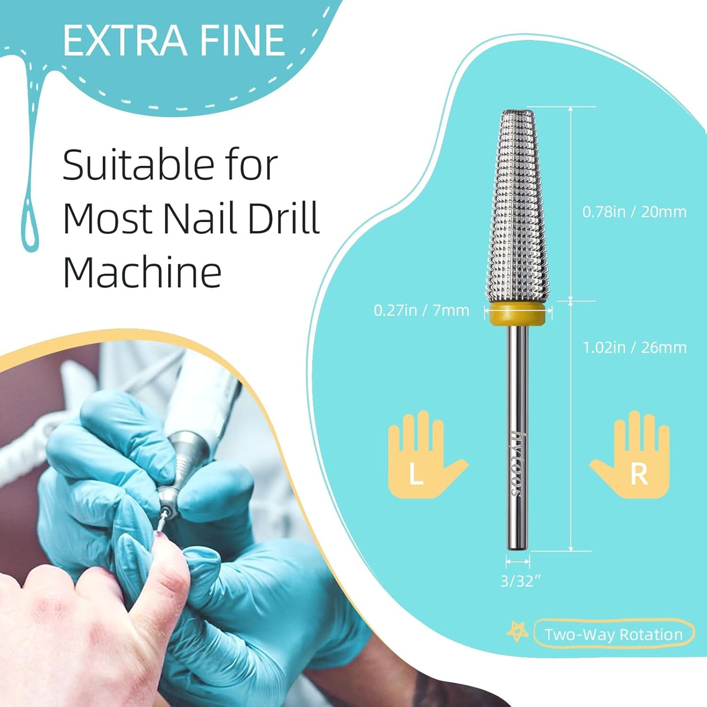 Long 5 in 1 Nail Drill Bits, XF 20mm Carbide Tapered Nail Bit, Straight Cut Safety Drill Bits for Nails, 3/32 Two-way, Electric Manicure Drills Removal Base Coat