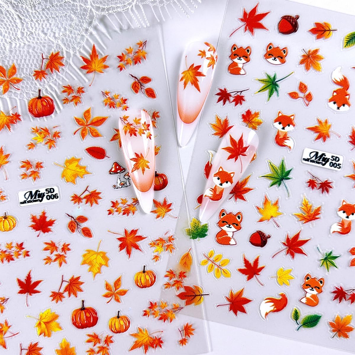 6 Sheets Fall Nail Stickers 5D Embossed Autumn Maple Leaf Nail Art Decals Thanksgiving Pumpkins, Fox, Squirrel, Ginkgo Leaf Design Self-Adhesive Fall Stickers for Nails DIY Manicure Supplies