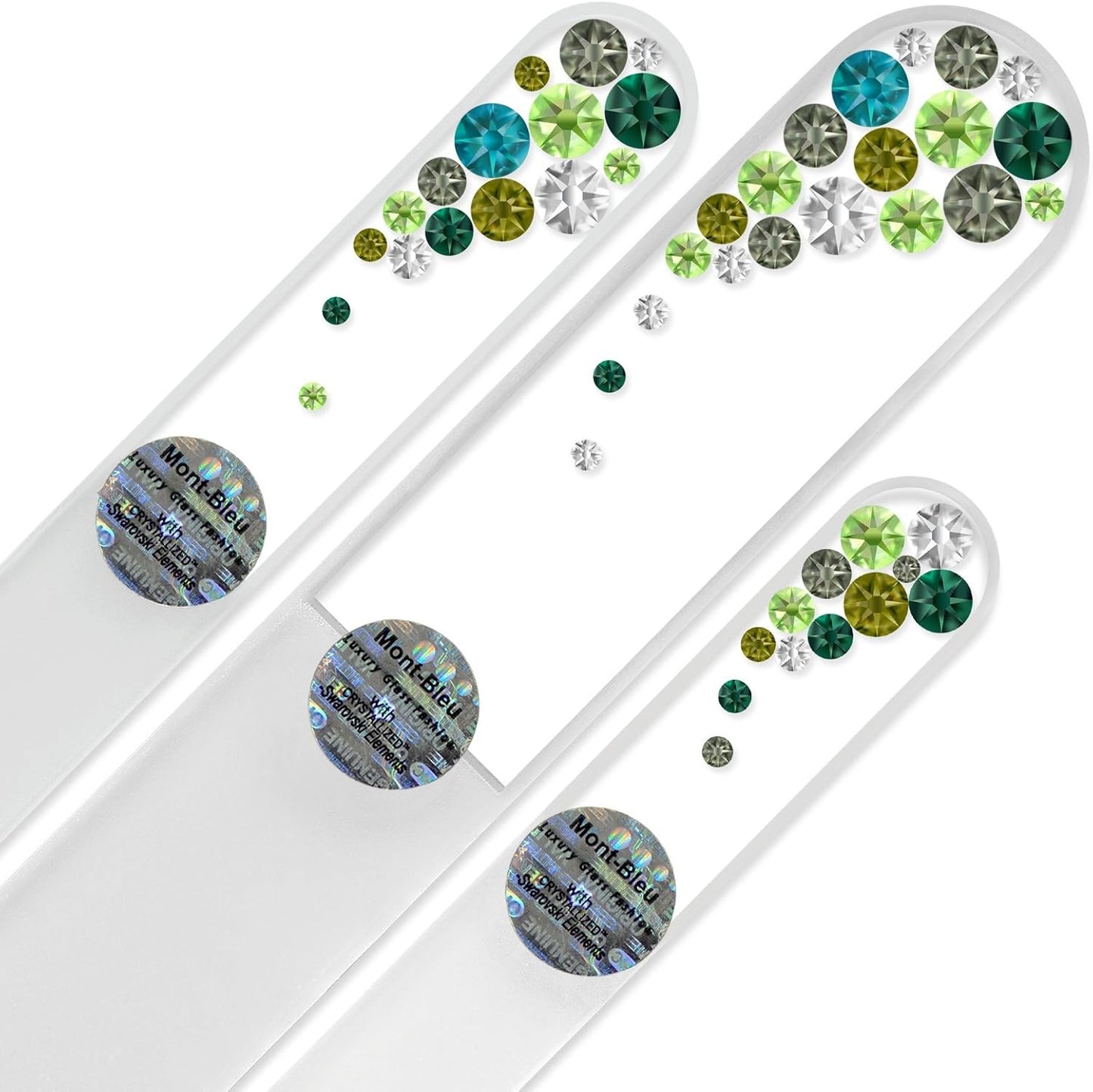 Mont Bleu Set of 3 Glass Nail Files Hand Decorated with Crystals - in Black Velvet Sleeve - Genuine Czech Tempered Glass - Handmade Crystal Nail Files