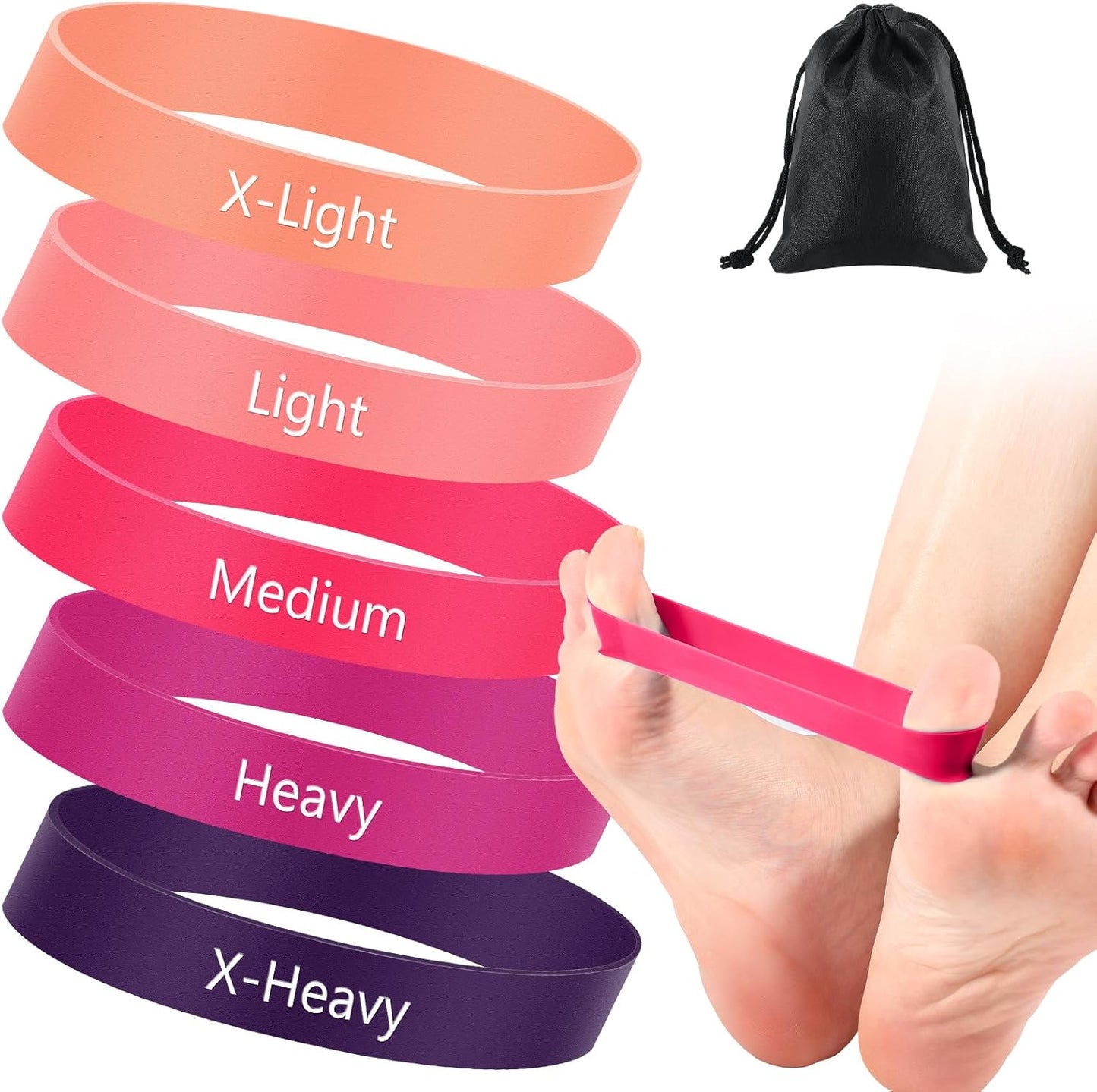 Set of 5 Toe Stretcher Bands for Bunions Correction Foot Big Toe Spacers Resistance Straightener Loop Bands with Carry Bag for Women Men Hallux Valgus Alignment Yoga Exercise(Pink)