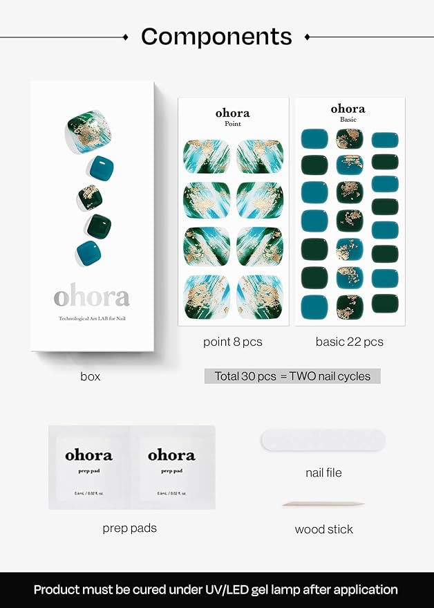 ohora Semi-Cured Gel Pedi Strips 34pcs(P Phytoncide) - Includes 16 Solid Color, 14 Accent Wraps, 2 Prep Pads, Nail File & Wooden Stick