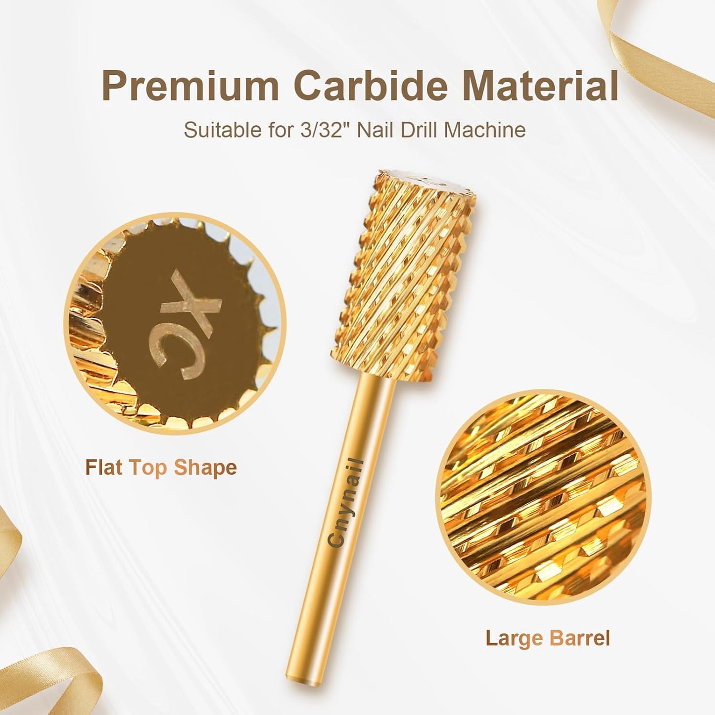 3/32" Large Barrel Flat Top Tungsten Carbide Nail Drill Bit Safety Bit for Gel & Acrylic Removal, 2-Way Rotating Efile Tip, Salon Electric File Accessory (XC Grit, Gold)