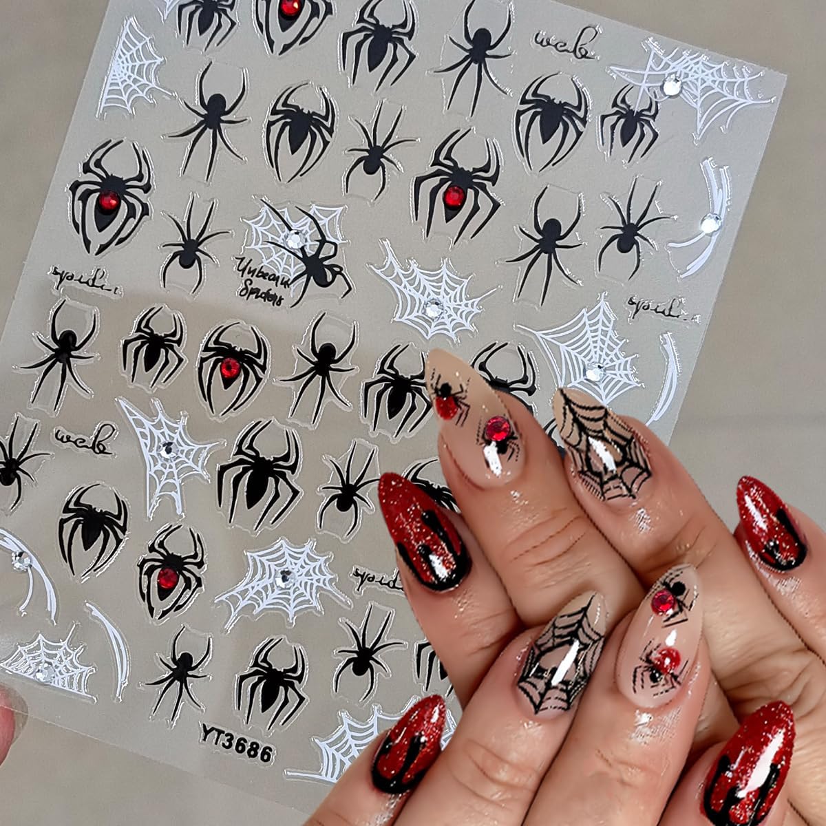 4 Sheets Spider Nail Art Stickers Self Adhesive Halloween Nail Decals Black White Spider Web with 3D Red Gem Rhinestones Designs Nail Sticker Luxury Halloween Nails Decoration for Women Manicure Tip