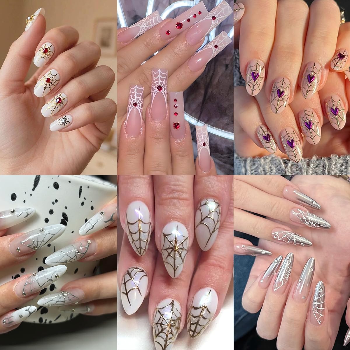 6 Sheets Halloween Scary Nail Stickers Gold Laser Silver White Nail Art Stickers Decals 3D Self-Adhesive Spider Web Bow Nail Decals for Women Halloween Party Nails Design Decoration Supplies