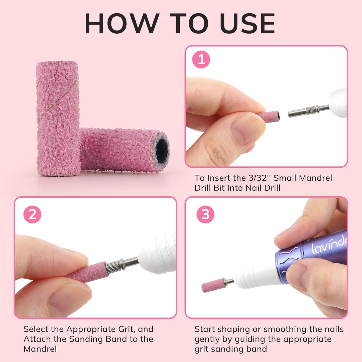 Lavinda Small Sanding Bands for Nail Drill with 3.1mm Mandrel Bit, 80 Piece Set Coarse Mini Sanding Bands Nail Drill Bits for Acrylic Nails Gel Manicures and Pedicures (80 Grit, Pink)