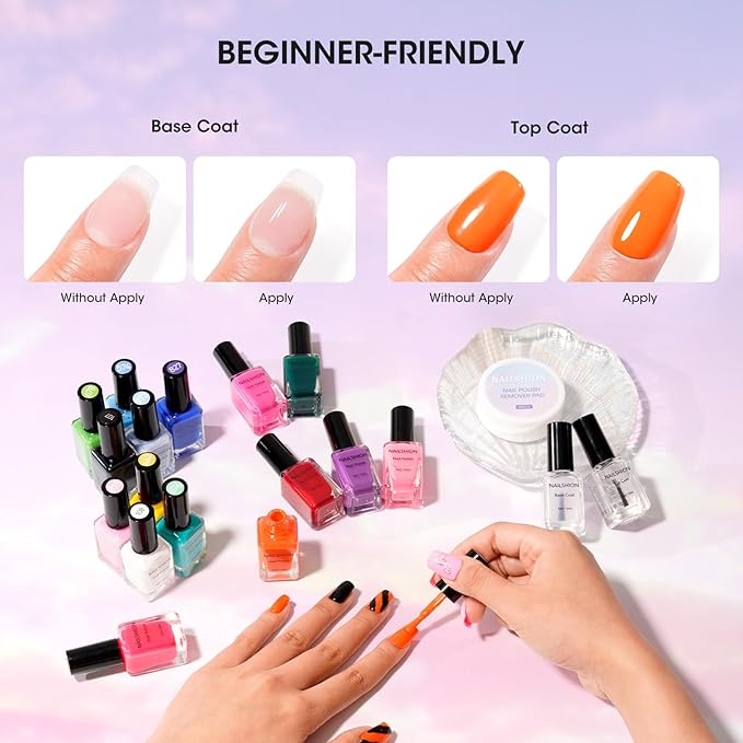 Nail Polish 16 Colors Rainbow Air Dry Regular Nail Polish Set with Base Top Coat & Remover Pads| White Red Classic French Fingernail Polishes Non-gel Bulk Gift for Nail Art Lovers