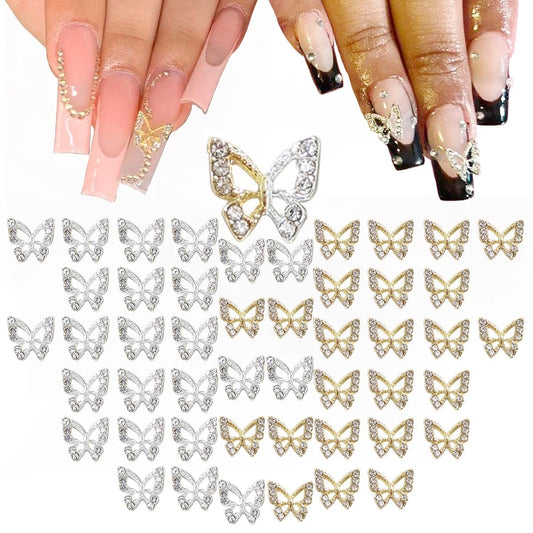 48pcs Butterfly Nail Charms Bulk 3D Golden Silver Butterflies Charms for Acrylic Nails, Nail Rhinestones Charms Alloy Studs Nail Art Jewels Diamonds Gems Decor Supplies for Nails Face Makeup