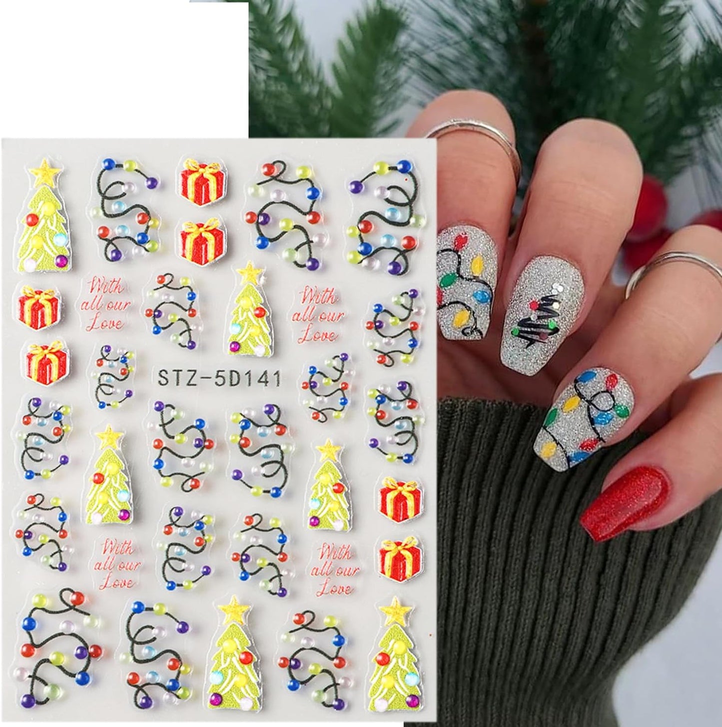 2 Sheets Embossed Christmas Nail Stickers for Nail Art New Year Colorful Light Strips Nail Art Stickers Winter Christmas Tree Nail Decals 5D Self-Adhesive Xmas Gift Box Nail Decoration for Women
