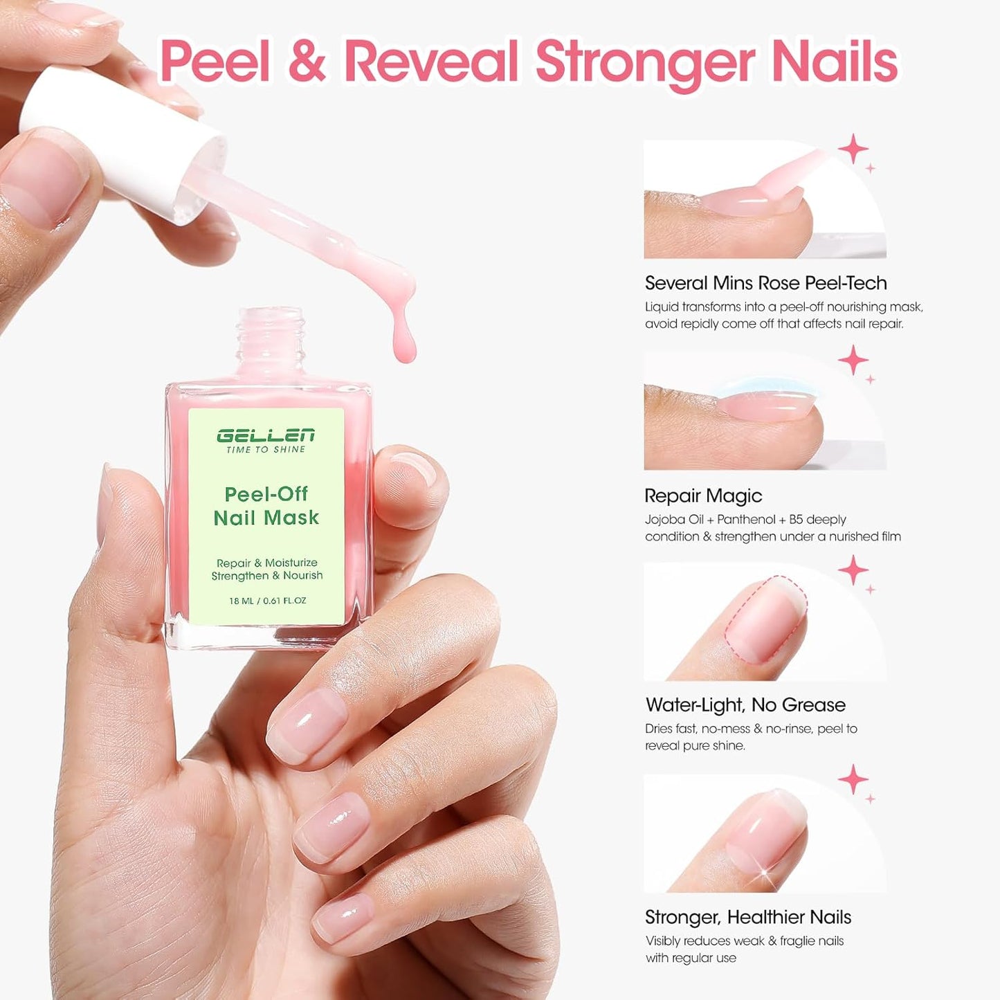 Gellen Peelable Nail Strengthener Mask, Air Dry Peel-Off Nail Mask for Nail Strengthener and Growth, Nail Repair Masque for Damaged Weak Thin Nails, Natural Nail Treatment, Rose Scent