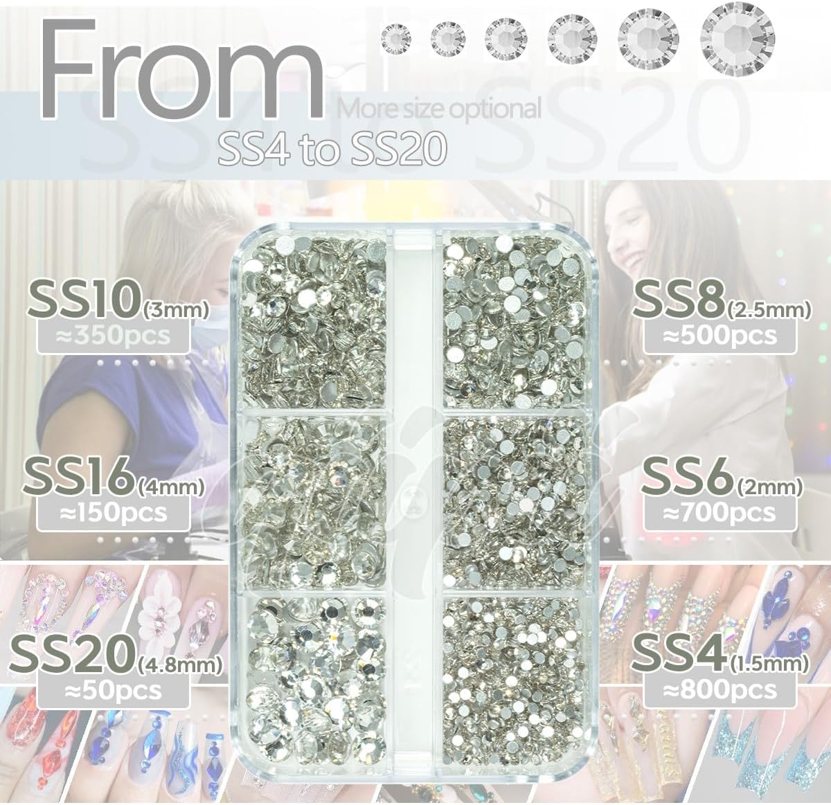 2550pcs Crystal Clear Nail Art Flatback Rhinestones for Face Makeup, White Nail Gems Gemstones K9 Glass SS4SS20 6 Sizes Bling Diamonds Stones w Tweezer & Wax Picking Pen for DIY Crafts