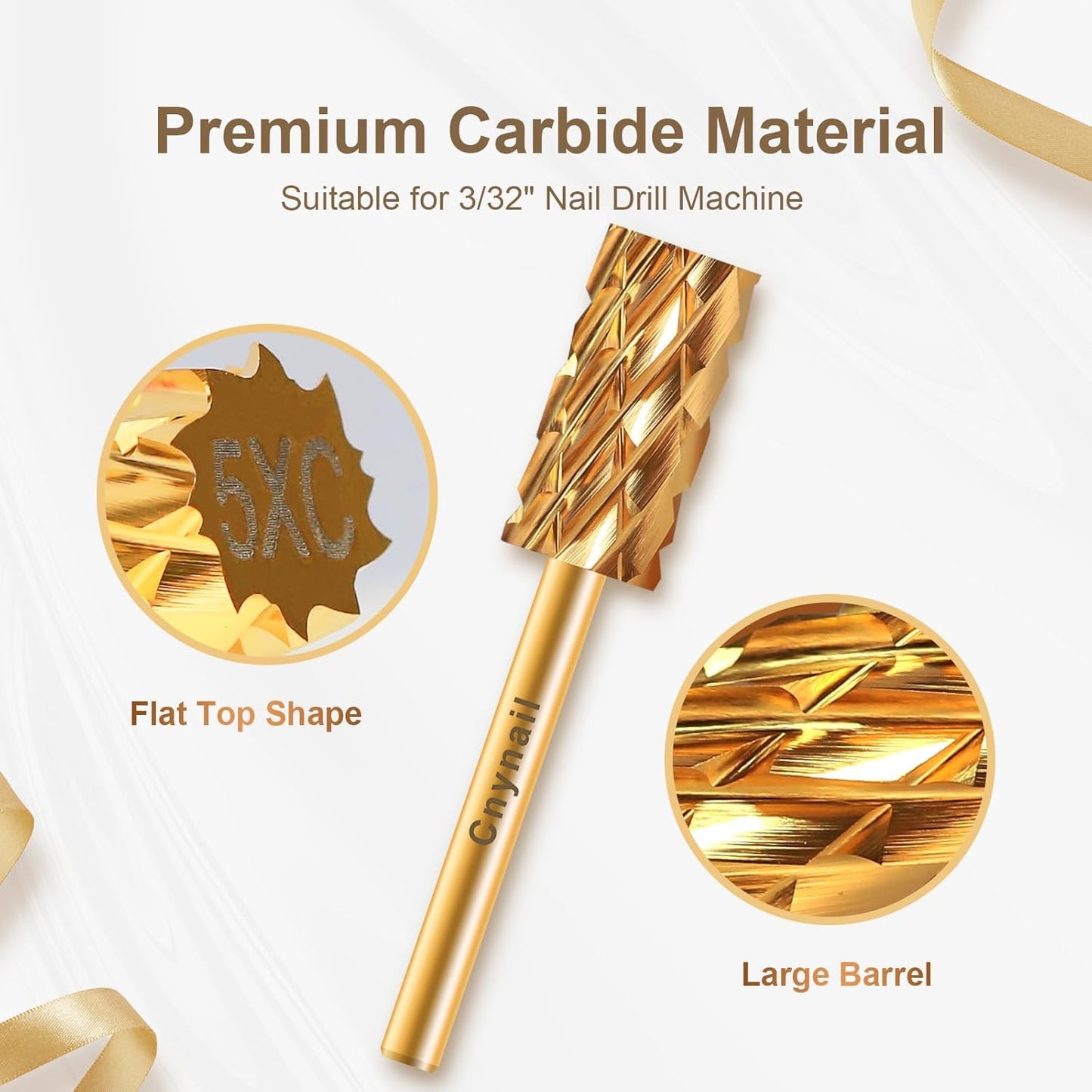 3/32" Large Barrel Flat Top Tungsten Carbide Nail Drill Bit Safety Bit for Gel & Acrylic Removal, Right-Way Rotating Efile Tip, Salon Electric File Accessory (5XC Grit, Gold)