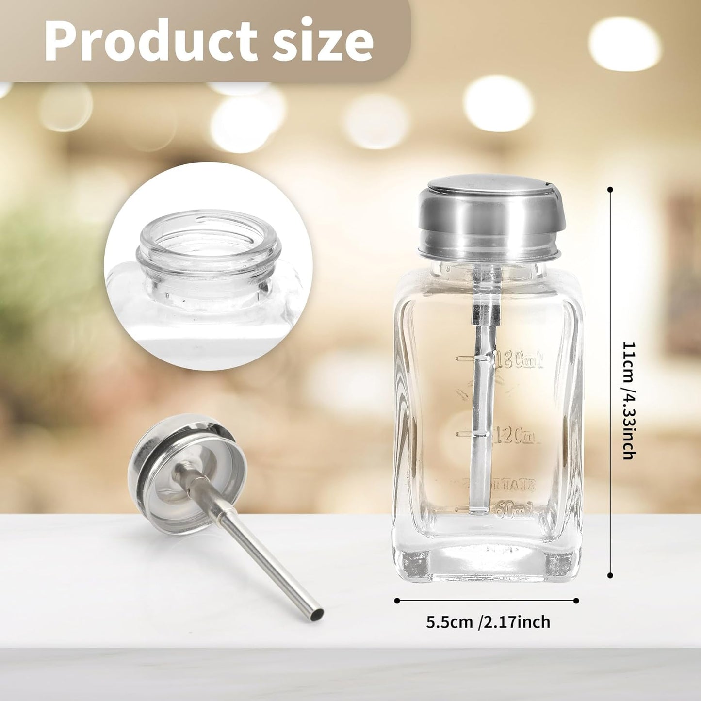 souG 3 Pcs 6 Oz/ 180 ml Clear Pump Dispenser Bottle with Metal Flip Cover Glass Nail Polish Remover Push Down Dispenser Bottle Refillable Push Down Pump Dispenser Press Container for Makeup Remover