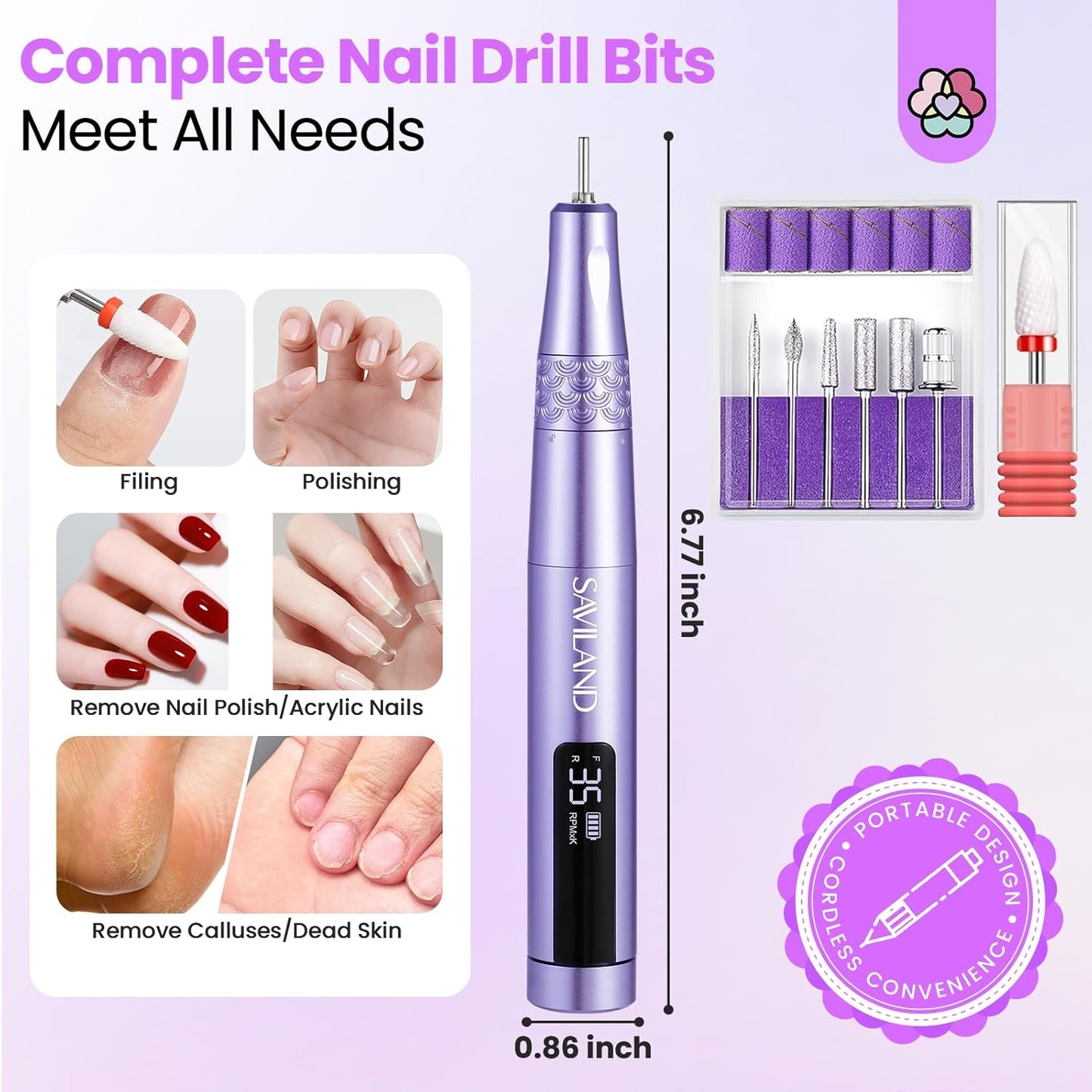 SAVILAND Electric Nail Drill: 35000RPM Cordless Electric Nail File Portable Nail Drill Professional 0 Vibration Hight Speed for 3 Mins Removal Acrylic for Manicure Pedicure Nail Salon at Home（Purple）