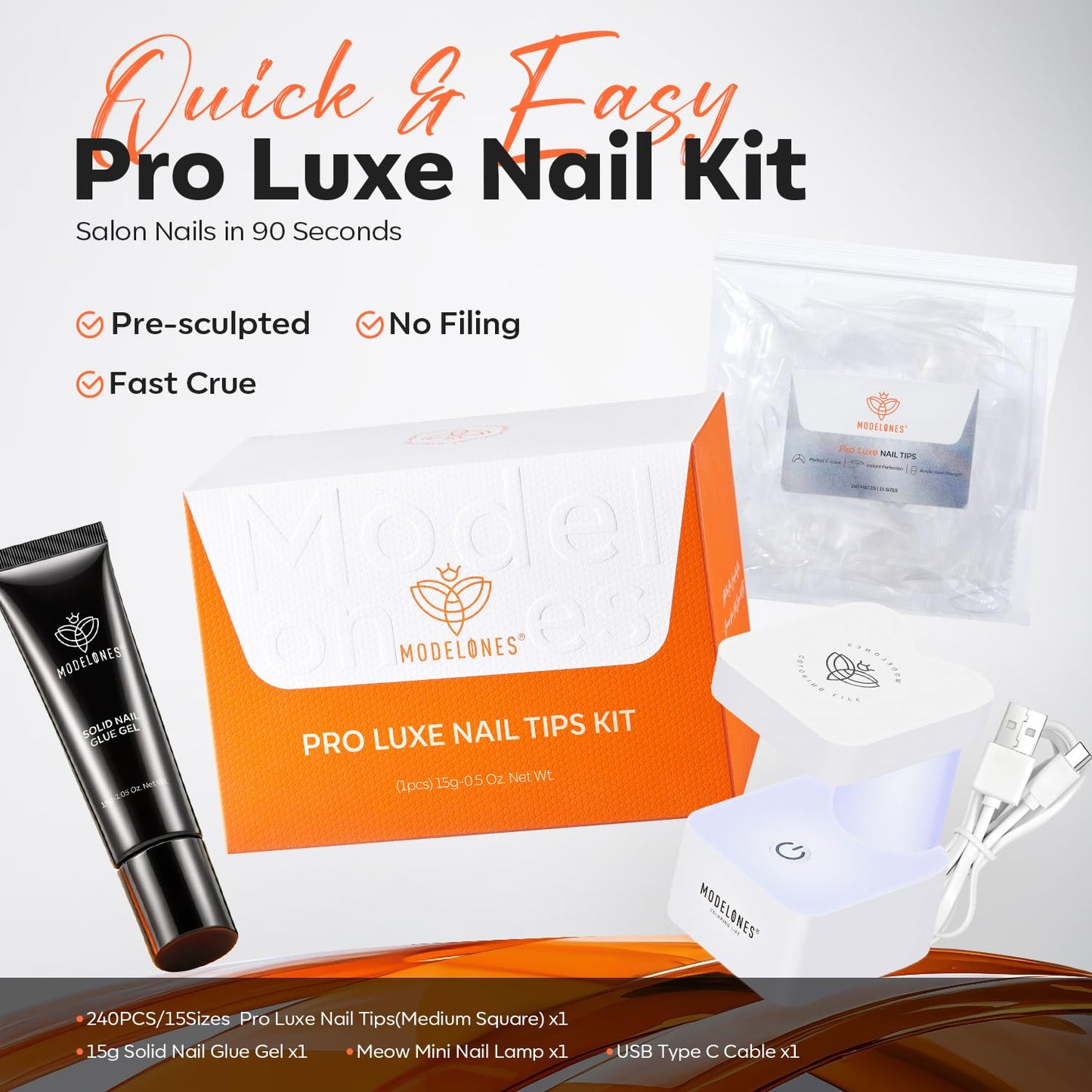modelones Gel Nail Kit Square, 15Sizes False Nail Tips Instant Apex Solid Glue & Mini LED Light, Medium Square Pre-Building Strong Thick Acrylic Press on Tips U/V Lamp Extension Kit Women Gift 240Pcs