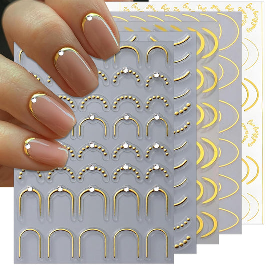 Rhinestone Studded French Line Nail Art Stickers - Shiny Gold Self-Adhesive Multiple Thicknesses and Radians Stripes, Curved Stripes Nail Decals, French Tips Guides for DIY Manicure (5 Sheets)