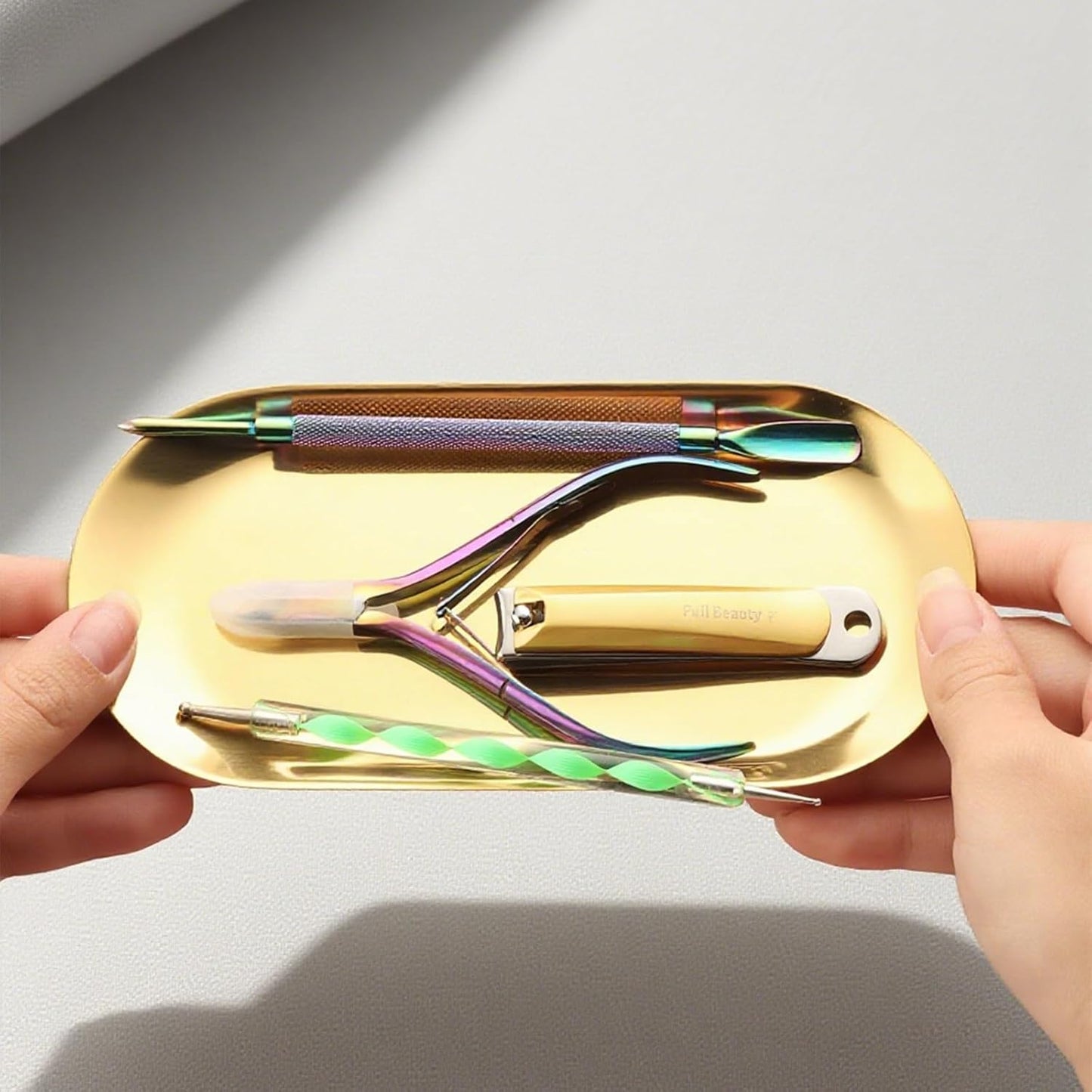 2 Pack Stainless Steel Gold Decorative Tray, Small Oval Perfume Jewelry Trinket Dish, Candle Key Manicure Tools Metal Placing Plate, Bathroom Vanity Trays for Dresser Counter