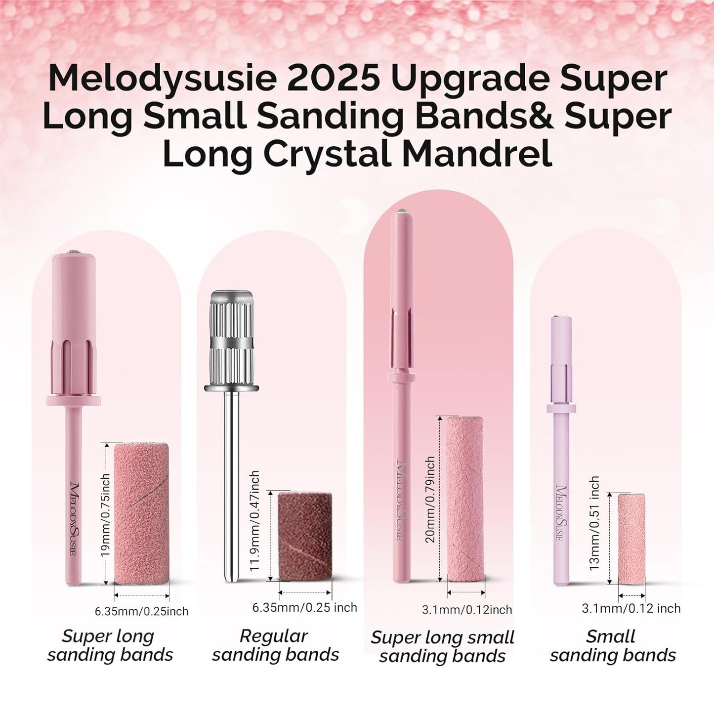 MelodySusie 50 Pcs Nail Drill Bits Super Long Small Sanding Bands with 3.1mm Crystal Mandrel Bit, 240 Extreme Fine Grit Nail File for Acrylic Nails Gel Manicures and Pedicure, Pink
