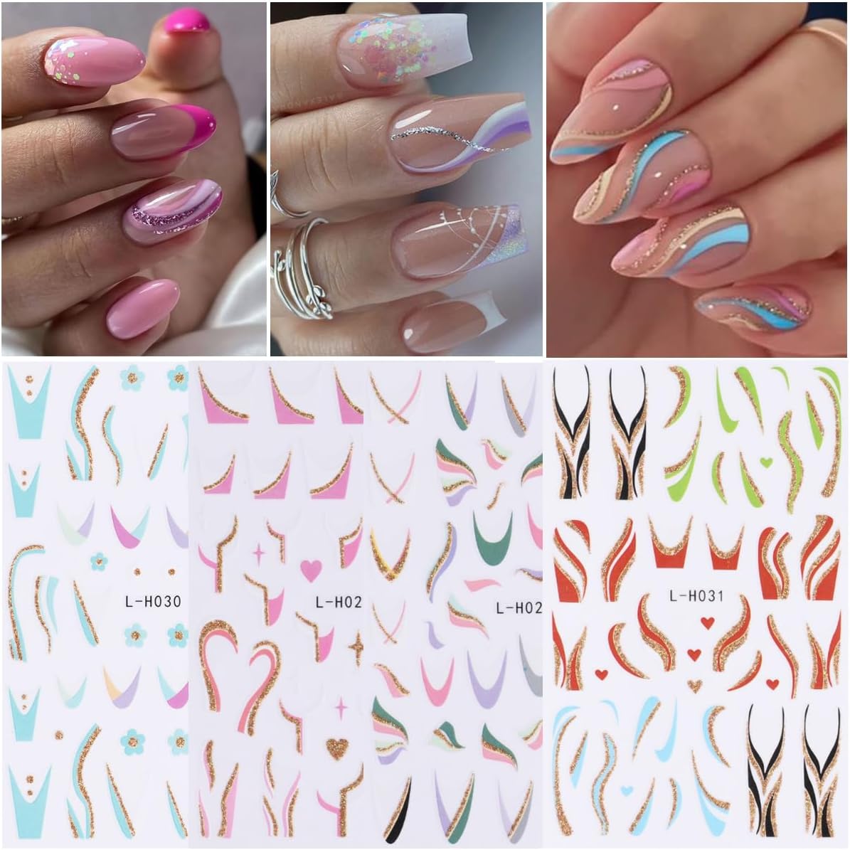 12PCS Line Nail Stickers 3D Colorful Lines Nail Decals Self-Adhesive Nail Art Supplies Gold Glitter Curve Waves Pink Stripes Nail Designs French Nail Tips DIY Manicure Decoration Accessories for Women