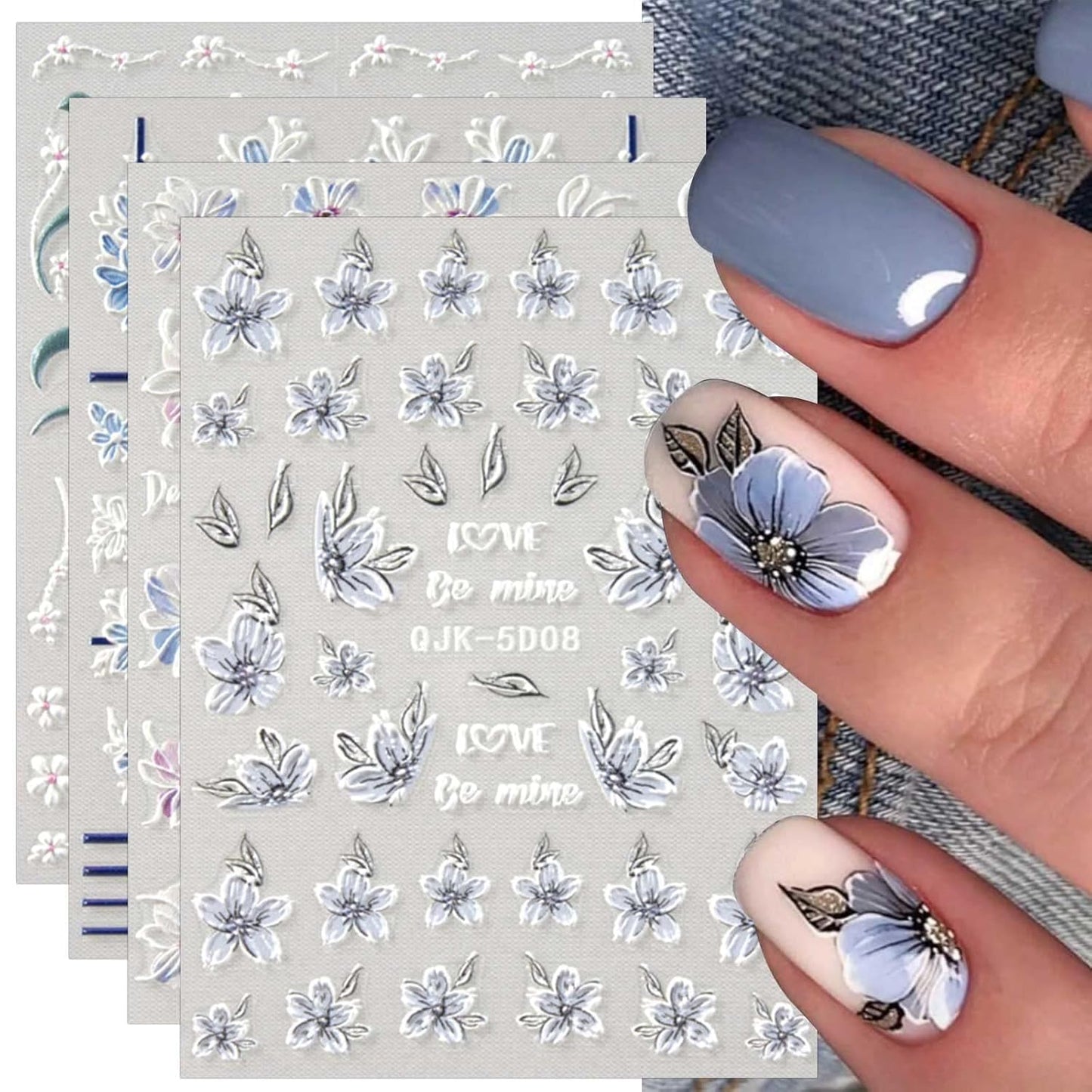 JMEOWIO 3D Embossed Spring Flower Nail Art Stickers Decals Self-Adhesive Pegatinas Uñas 5D Colorful Summer Floral Nail Supplies Nail Art Design Decoration Accessories 4 Sheets