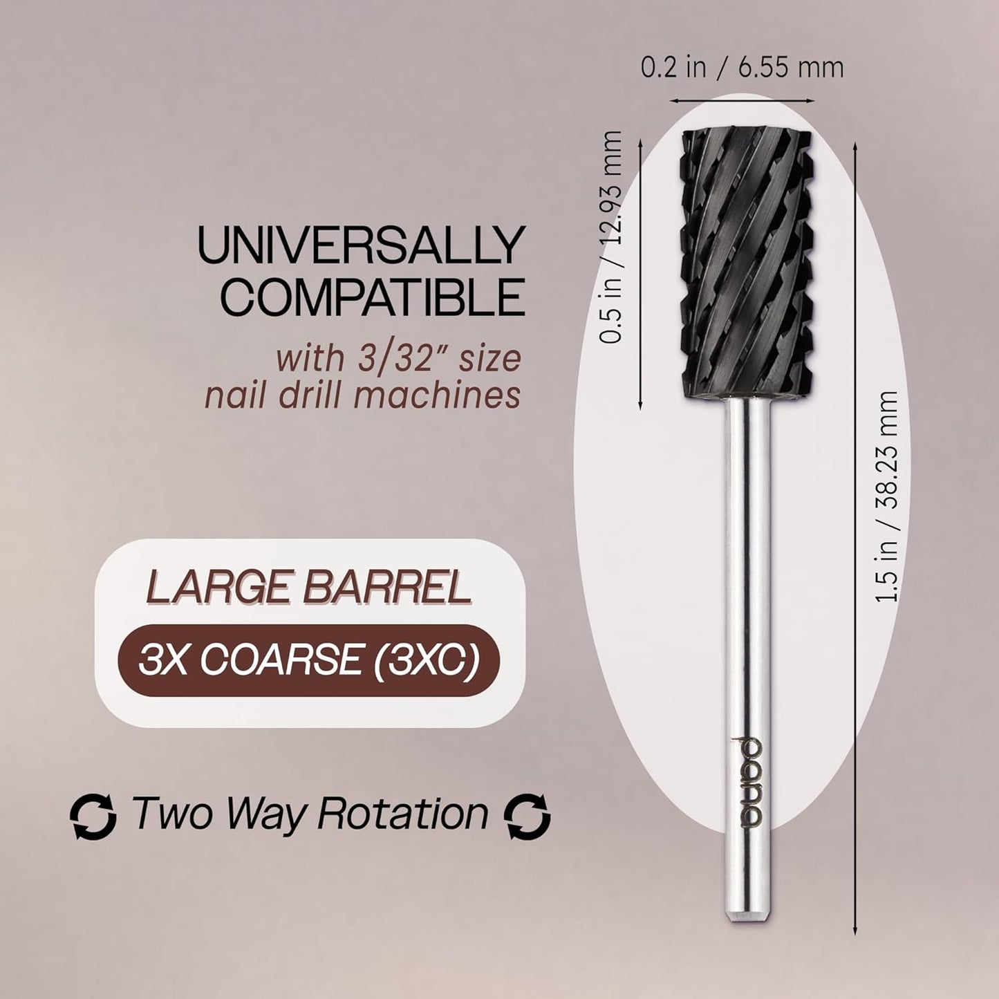 PANA Professional 3/32" Shank Size - Flat Top Large Barrel Carbide Bit - Nail Drill Bit for Dremel Machine (Silver, Gold, DLC Black) (3X Coarse, DLC Black)