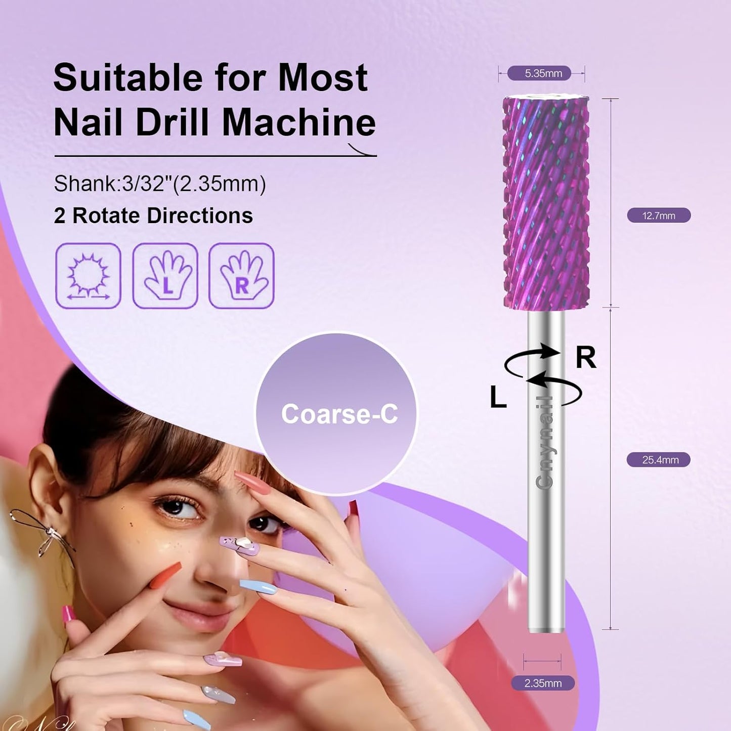 3/32" Small 5.35MM Barrel Bit Tungsten Carbide Nail Drill Bit Safety Bit for Gel & Acrylic Removal, 2- Way Rotating Efile Tip, Salon Electric File Accessory (C Girt, Purple)