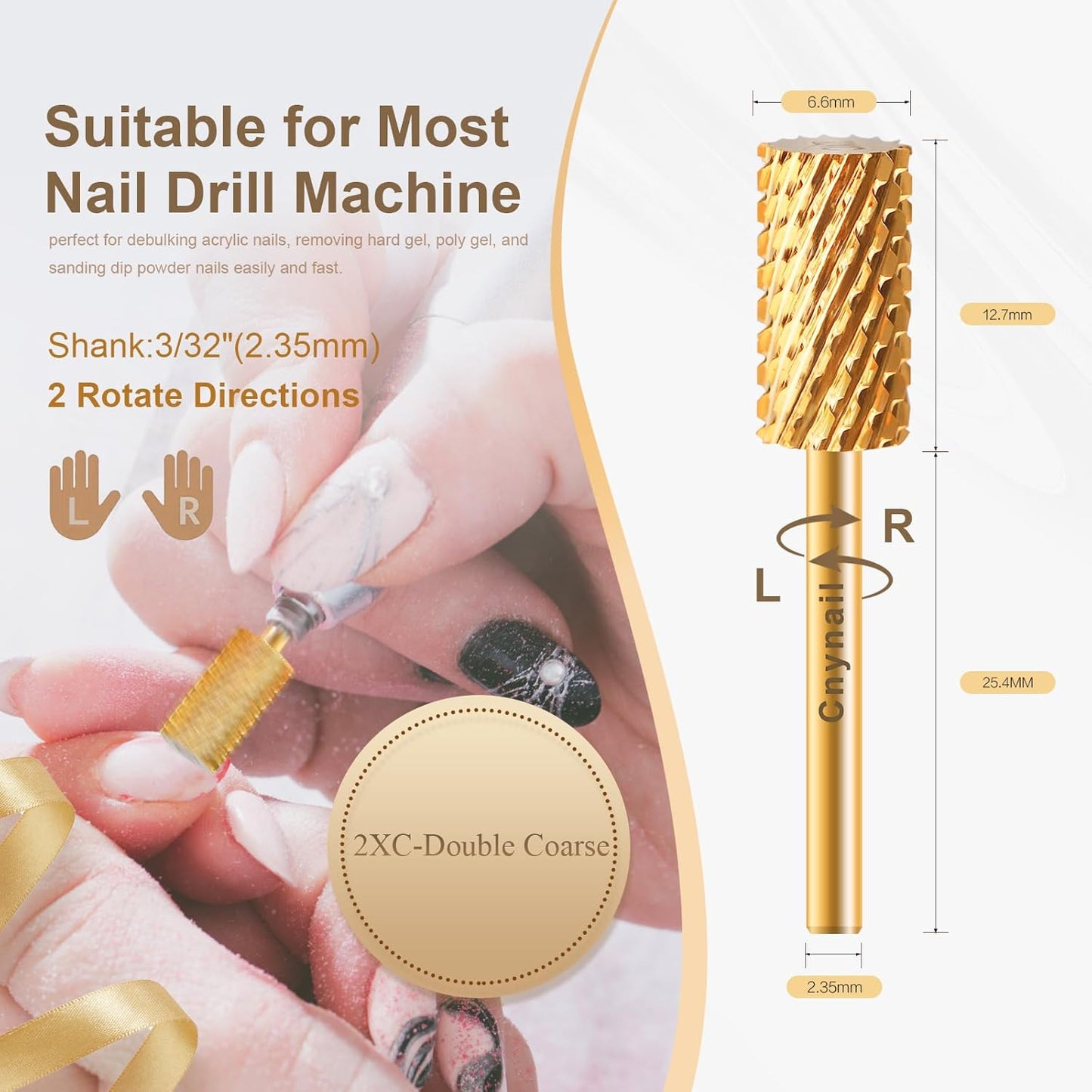 3/32" Large Barrel Flat Top Tungsten Carbide Nail Drill Bit Safety Bit for Gel & Acrylic Removal, 2-Way Rotating Efile Tip, Salon Electric File Accessory (2XC Grit, Gold)