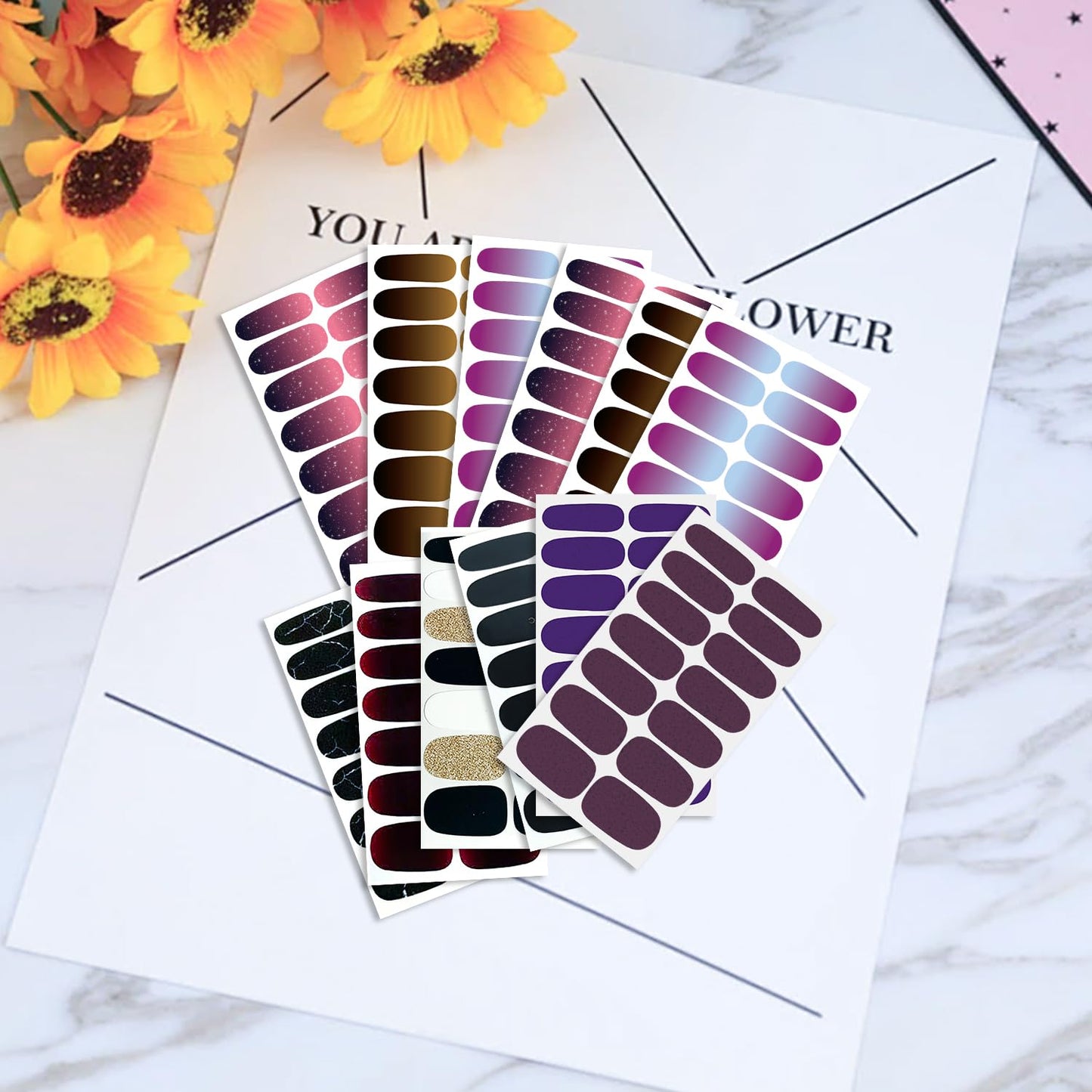 WOKOTO 20 Sheets Dark Color Nail Polish Strips for Women Girls Solid and Gradient Designs Nail Polish Stickers with Nail File Kit Black Blue Purple Stick On Nails Stickers Full Nail Wraps Strips