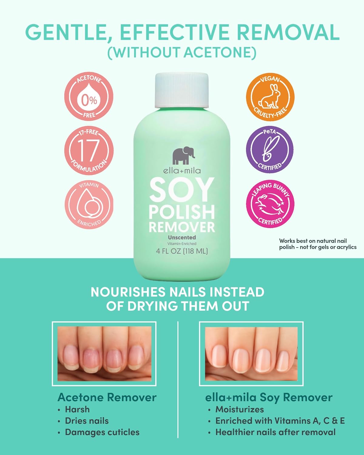 ella+mila Soy Nail Polish Remover – Unscented, Non-Acetone, Non-Toxic Fingernail Polish Remover for Natural Nails – Gentle, Vegan Formula Enriched with Vitamins A, C & E (4 fl oz)
