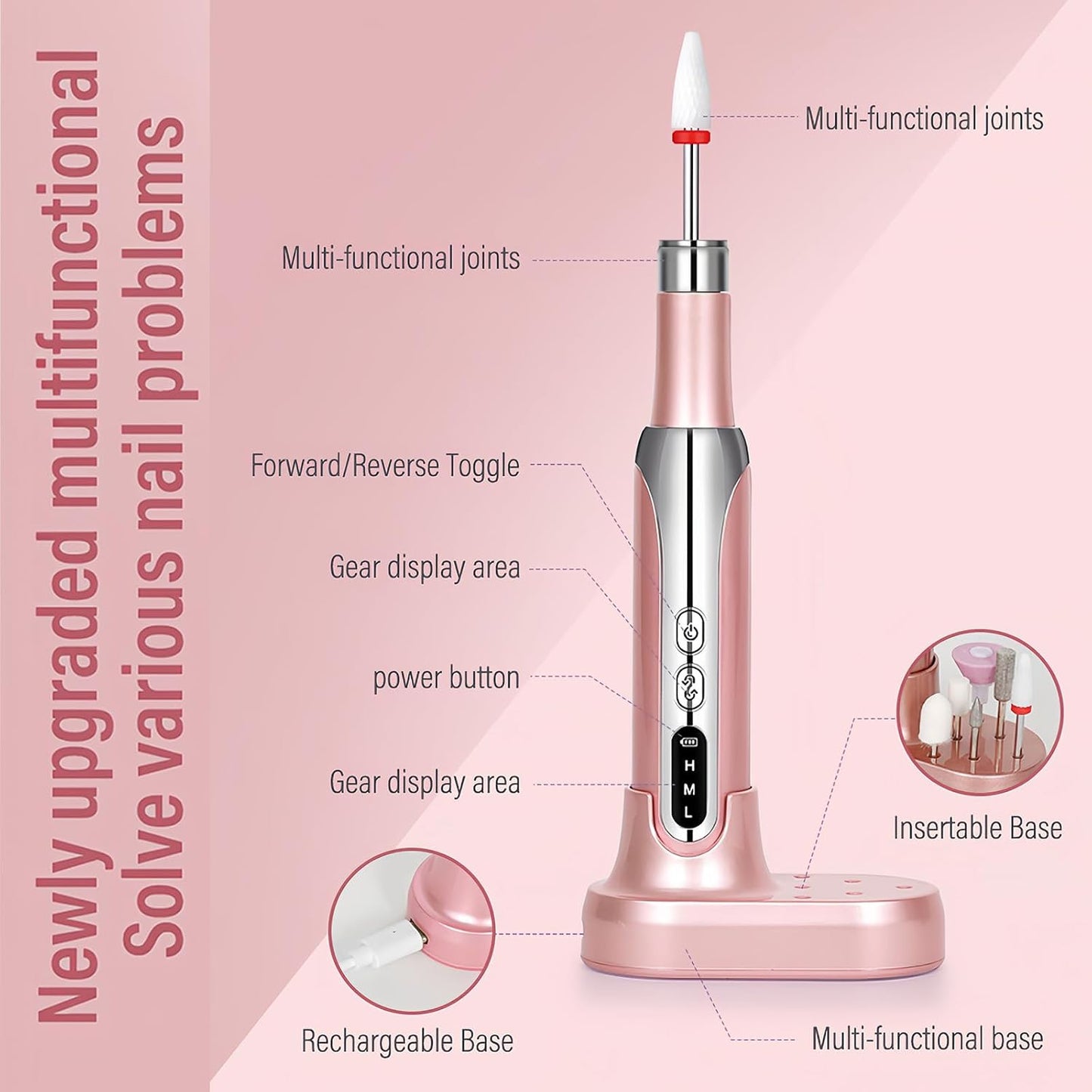 Electric Nail Drill File Cordless,Portable Rechargeable Nail File Kit for Acrylic & Gel Nails,Professional Efile for Manicure Pedicure Polishing,with 12 Nail Drill Bits 31 Sanding Bands,Rose Gold