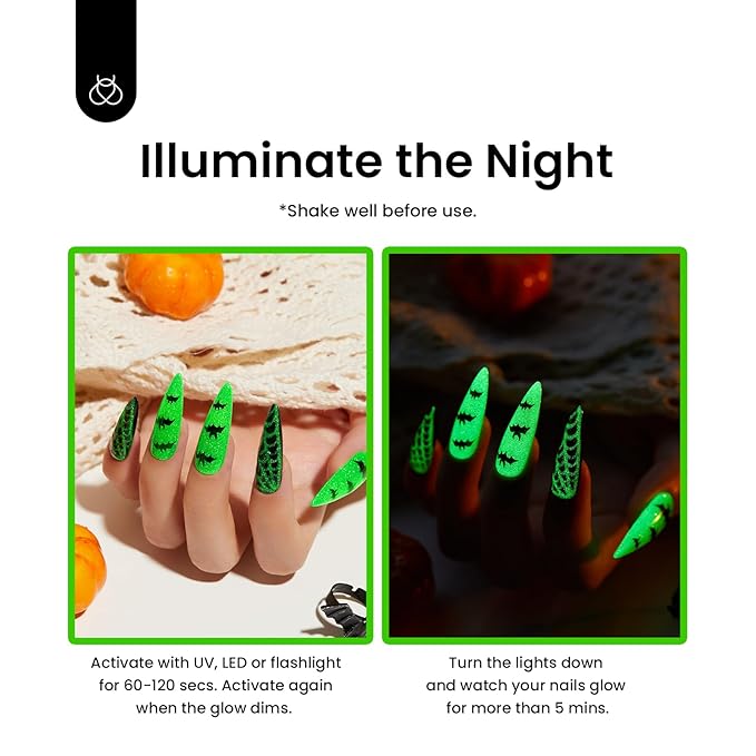 Beetles Halloween Gel Nail Polish, Luminous Green Glow in the Dark Gel Nail Polish Soak off Uv Led Nail Lamp Halloween Nail Art Manicure Salon DIY Home 0.5Oz