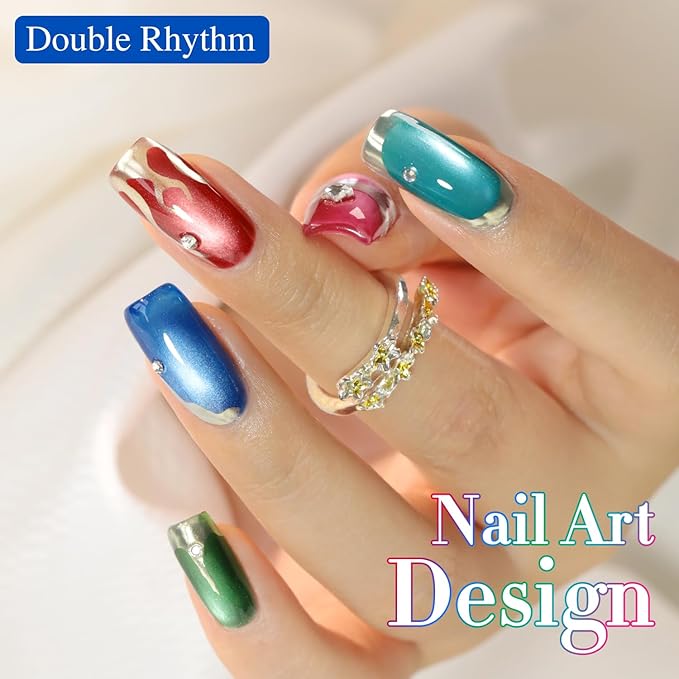 Double Rhythm Cat Eye Gel Polish Set 6 Colors Shimmer Glitter with Magnet Holographic Reflective Magnetic UV Gel Polish Art Kit (Black Burgundy Green Navy 6-Kit 41)