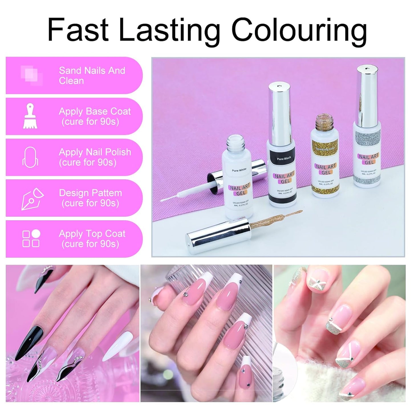 Gel Liner Nail Art Polish Set Gel Liner Nail Art Kit For Nail Design, 4 Colors Black White Gold Silver Design Paint with Thin Brush for French Tip Manicure DIY Nail Art, 8ML
