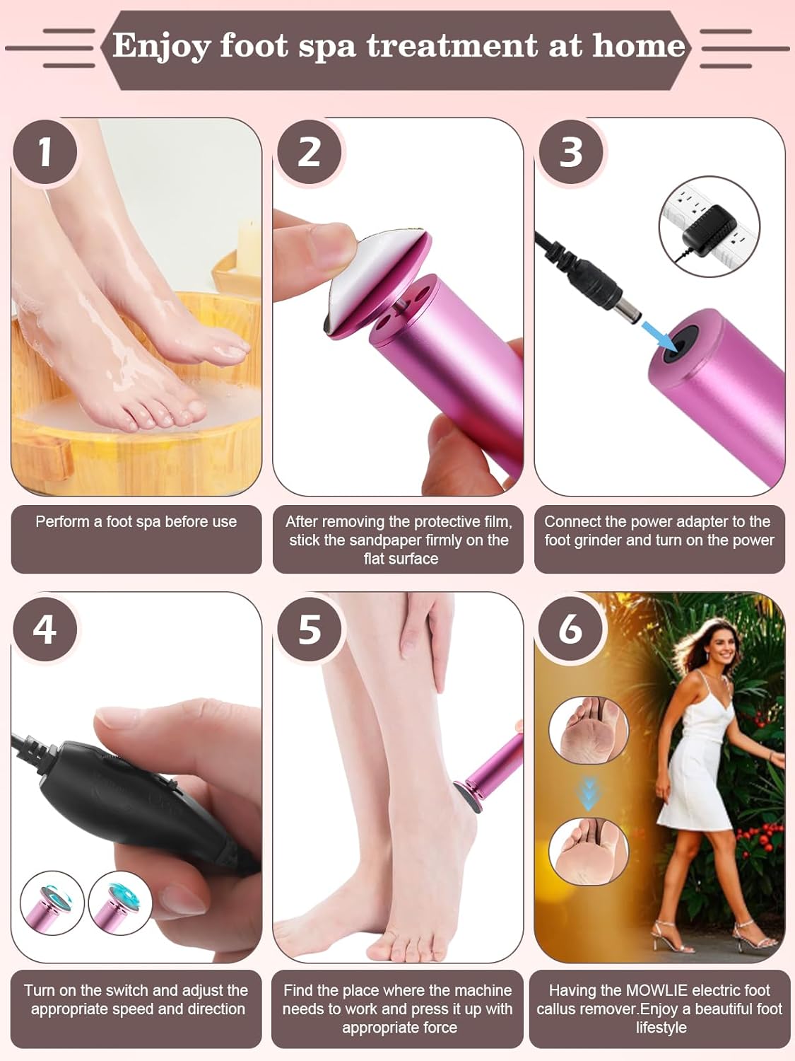 Electric Foot Callus Remover for Feet - Heavy Duty Pedicure Tool w/ 60 Grinding Discs Dead Skin Remover (Pink)