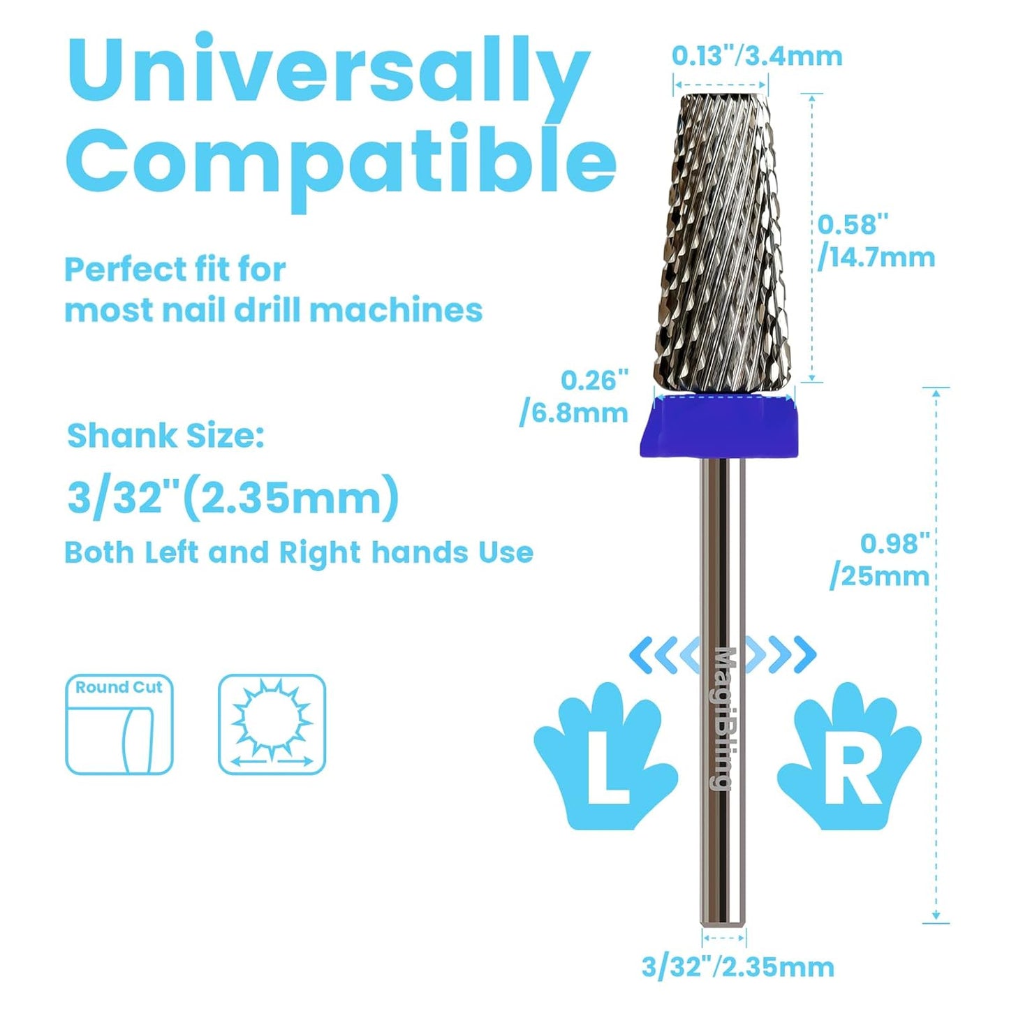 Cross Cut 5 in 1 Tapered Barrel Nail Drill Bits, Professional 3/32'' Safety Tungsten Carbide Bits, Two-way Rotation, Manicure Pedicure Cuticle Gel Removal Polishing, Medium.