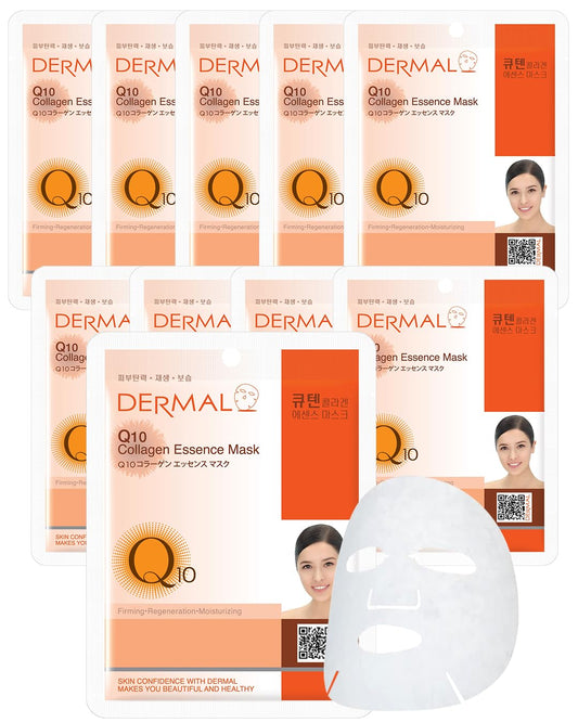 DERMAL Q10 Collagen Essence Facial Mask Sheet 23g Pack of 10 - Coenzyme Q10, Anti Wrinkle and Anti Aging, Skin Elasticity, Daily Skin Treatment Solution Sheet Mask