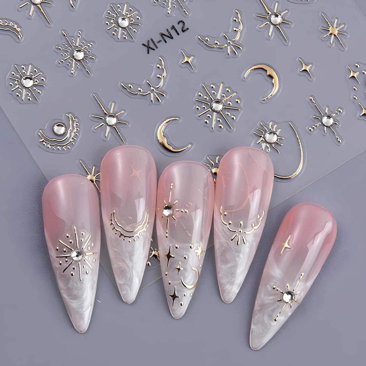 Gold Star Nail Art Stickers Decals Moon Nail Decals 5D Embossed Glitter Rhinestones Nails Design Stickers Gold Nails Supplies for Women Nail Art Decorations