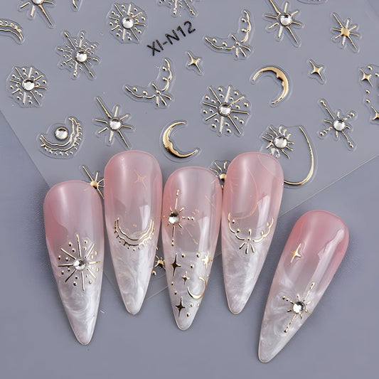 Gold Star Nail Art Stickers Decals Moon Nail Decals 5D Embossed Glitter Rhinestones Nails Design Stickers Gold Nails Supplies for Women Nail Art Decorations