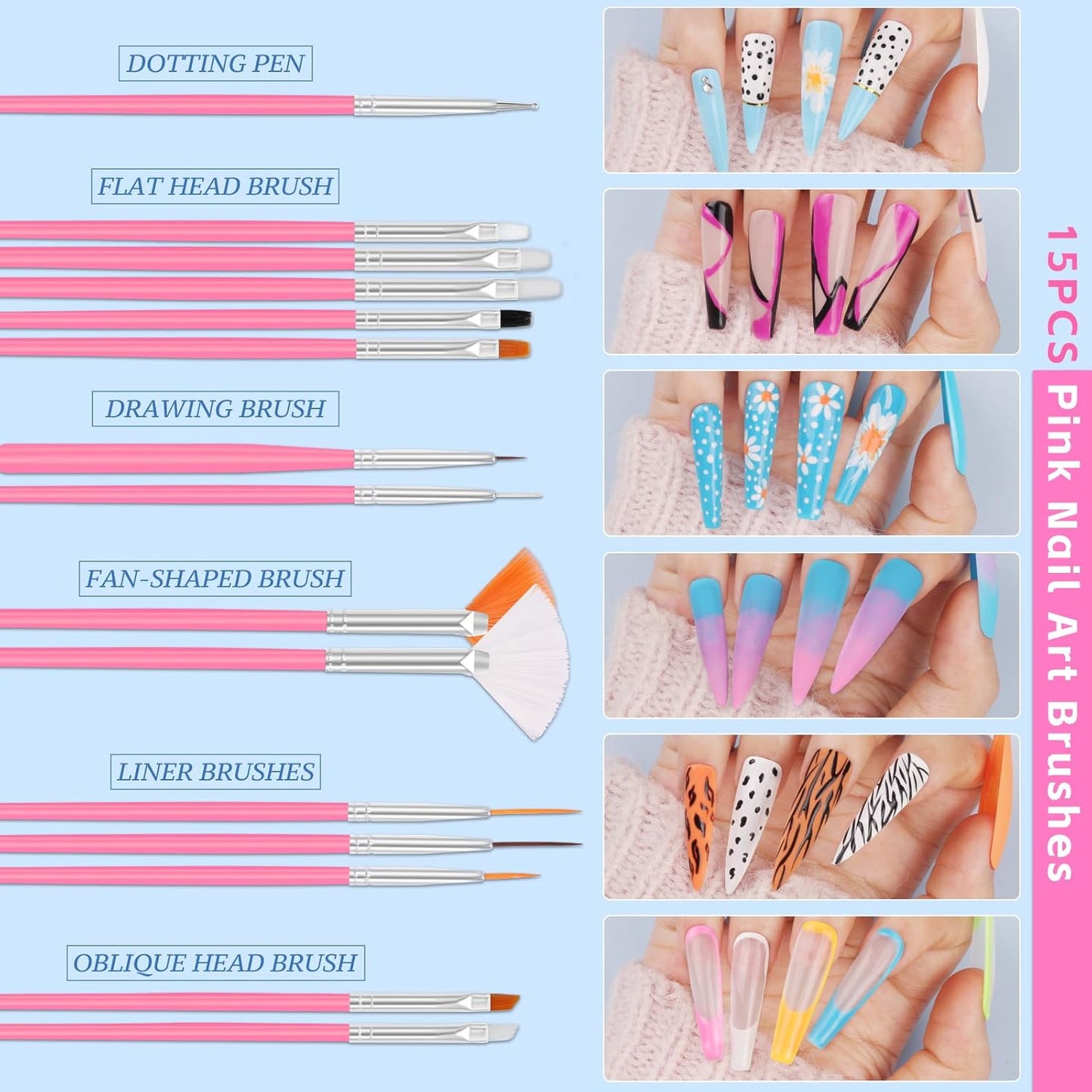 Nail Art Kit for Beginners with Nail Brushes Set and Dotting Tools, Jumbo Holographic Glitter Sequins Assorted Heart Star Maple Leaf Glitter Flakes Colorful Striping Tape with Tweezers (02-Pink)