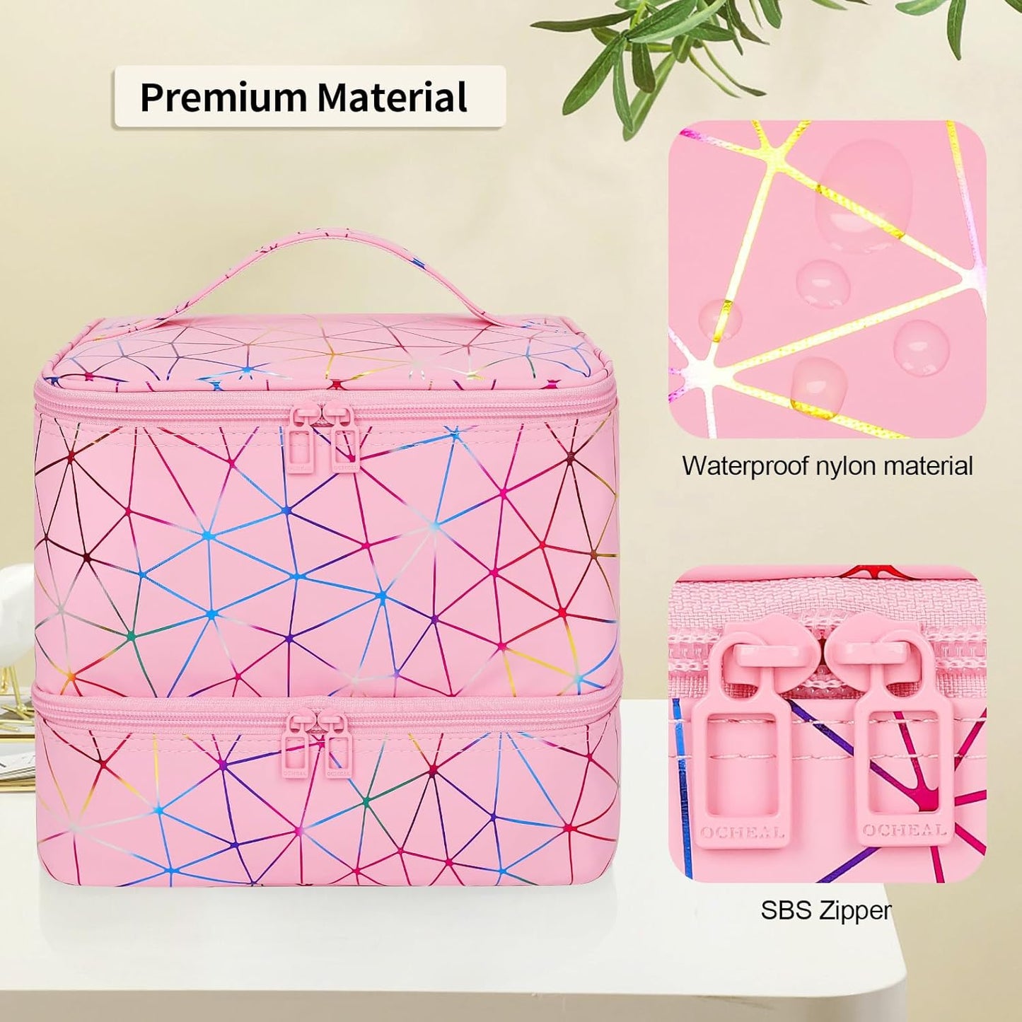 Ethereal Small Nail Polish Organizer Case Holds 32+ Bottles(15ml/0.5fl.oz) and Nail Lamp, Double Layer Nail Polish Storage Bag for Nail Kit, Manicure Tools, Diamond Pink