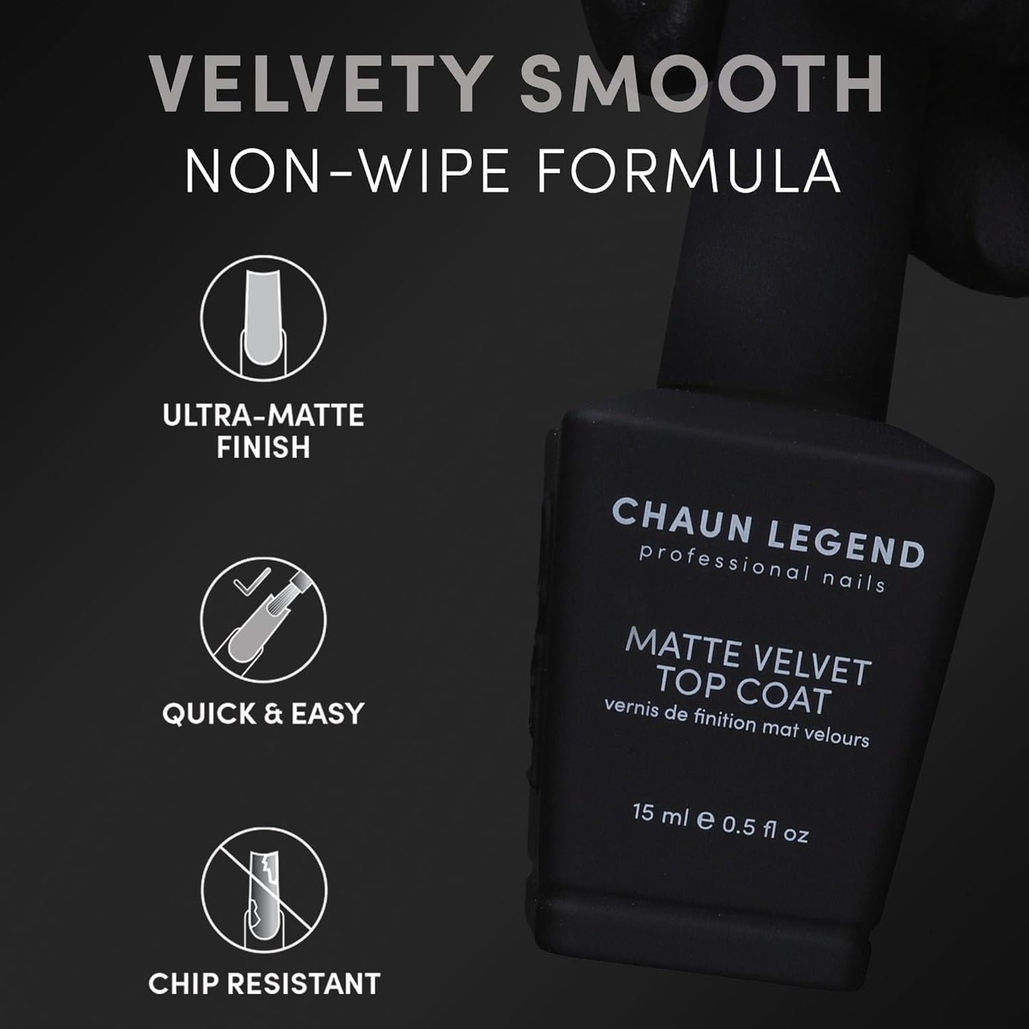 CHAUN LEGEND Velvet Matte Top Coat | Ultra Matte Finish, Non-Wipe Formula | 15 ml