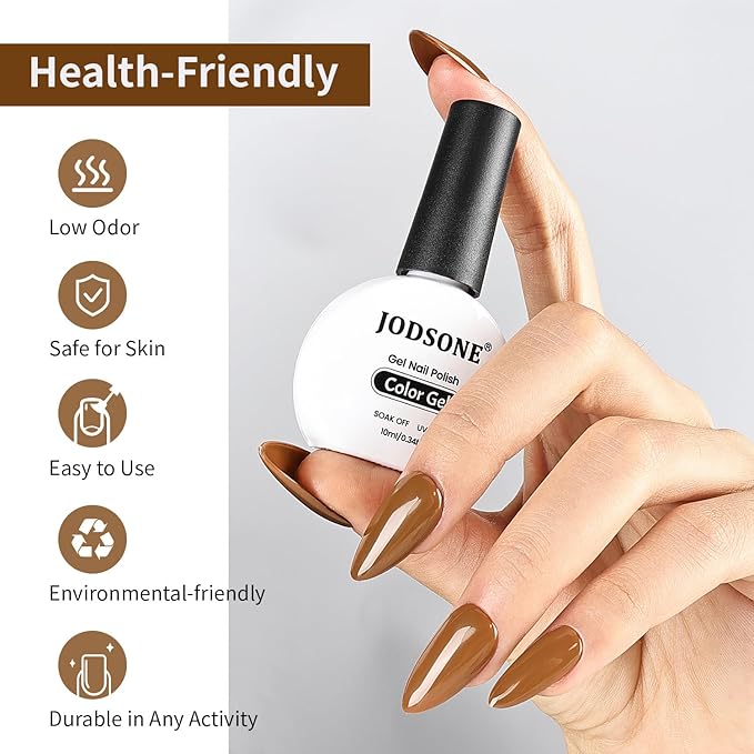 JODSONE Caramel Brown Gel Nail Polish 10ml Soak Off Nail Polish Chestnut Brownie Nail Color Salon Quality Long-Lasting Low Odor Need U V Lamp Curing