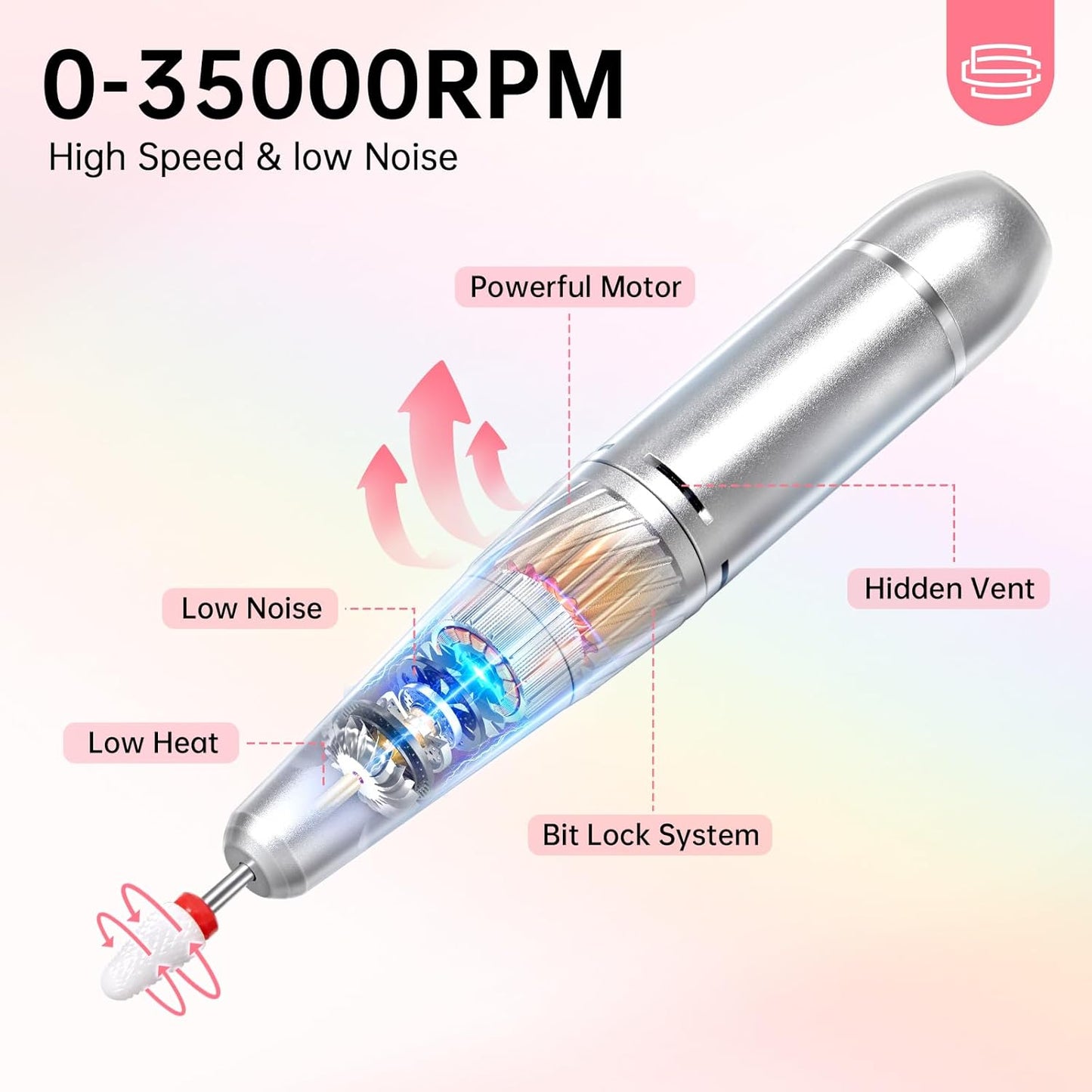 Rechargeable 35000RPM Nail Drill Sparkling Portable Professional Electric Nail File for Acrylic/Gel Nails Professional Nail Tools for Manicure Pedicure, Pink
