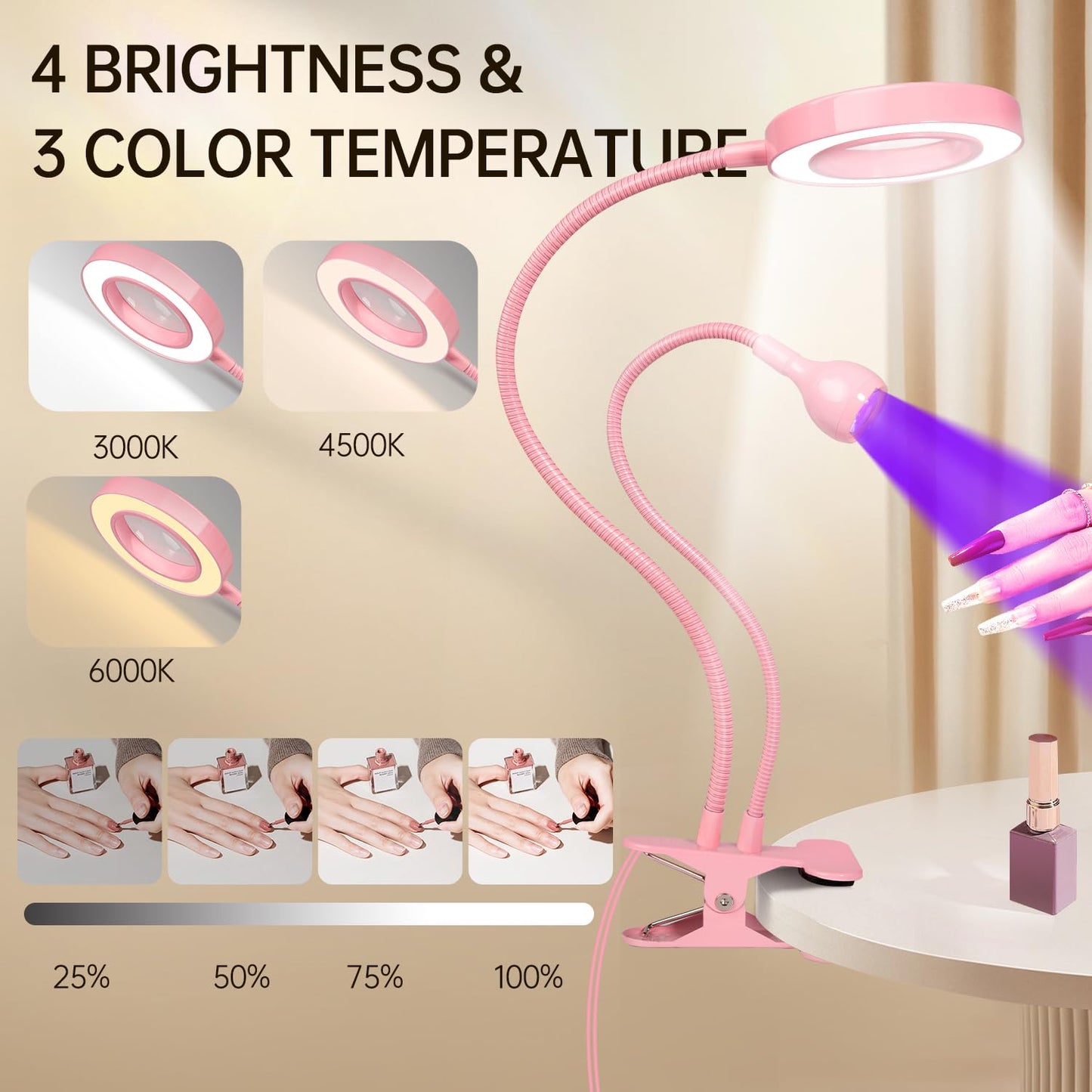AORAEM LED UV Nail Lamp: Double-Headed Gooseneck U V Lamp for Gel Nails, LED Flash Cure Light with 6X Magnifier Home DIY Salon, Pink