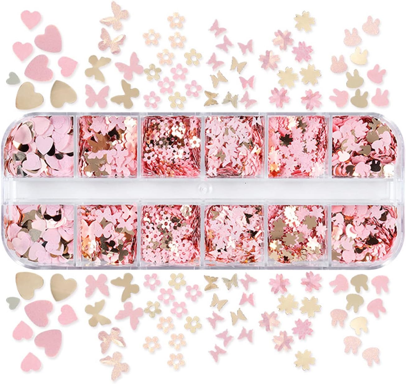 Nail Art Glitter Flakes, Mixed Love Heart Butterfly Flowers Leaf Rabbit Nail Sequins Designs, 3D Glitter Acrylic Nails Supplies for Women Girls Manicure Sparkly Decorations, DIY Resin Nail Art Tips