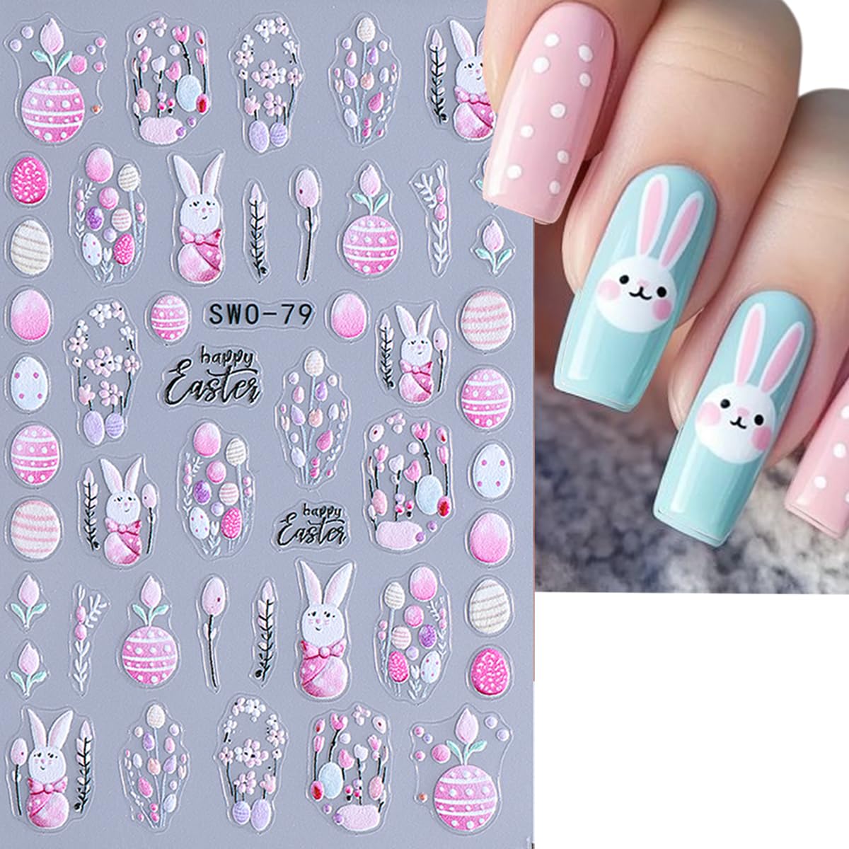 2 Sheets Easter Nail Art Stickers Cute Bunny Nail Decals 5D Relief Rabbits Flowers Eggs Self-Adhesive Nail Design Stickers Acrylic Nail Accessories Supplies for Women Girls Manicure