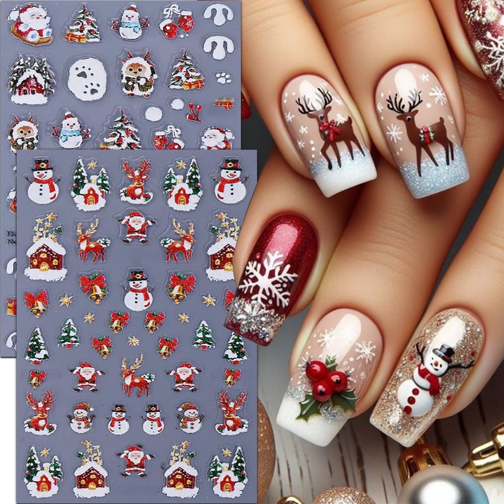 Christmas Nail Stickers 5D Embossed Snowman Elk Nail Art Stickers Xmas Holiday Nail Decals Self-Adhesive Deer Snow Santa Claus Design Sticker Nail Decoration for Women Manicure Accessories 2Pcs
