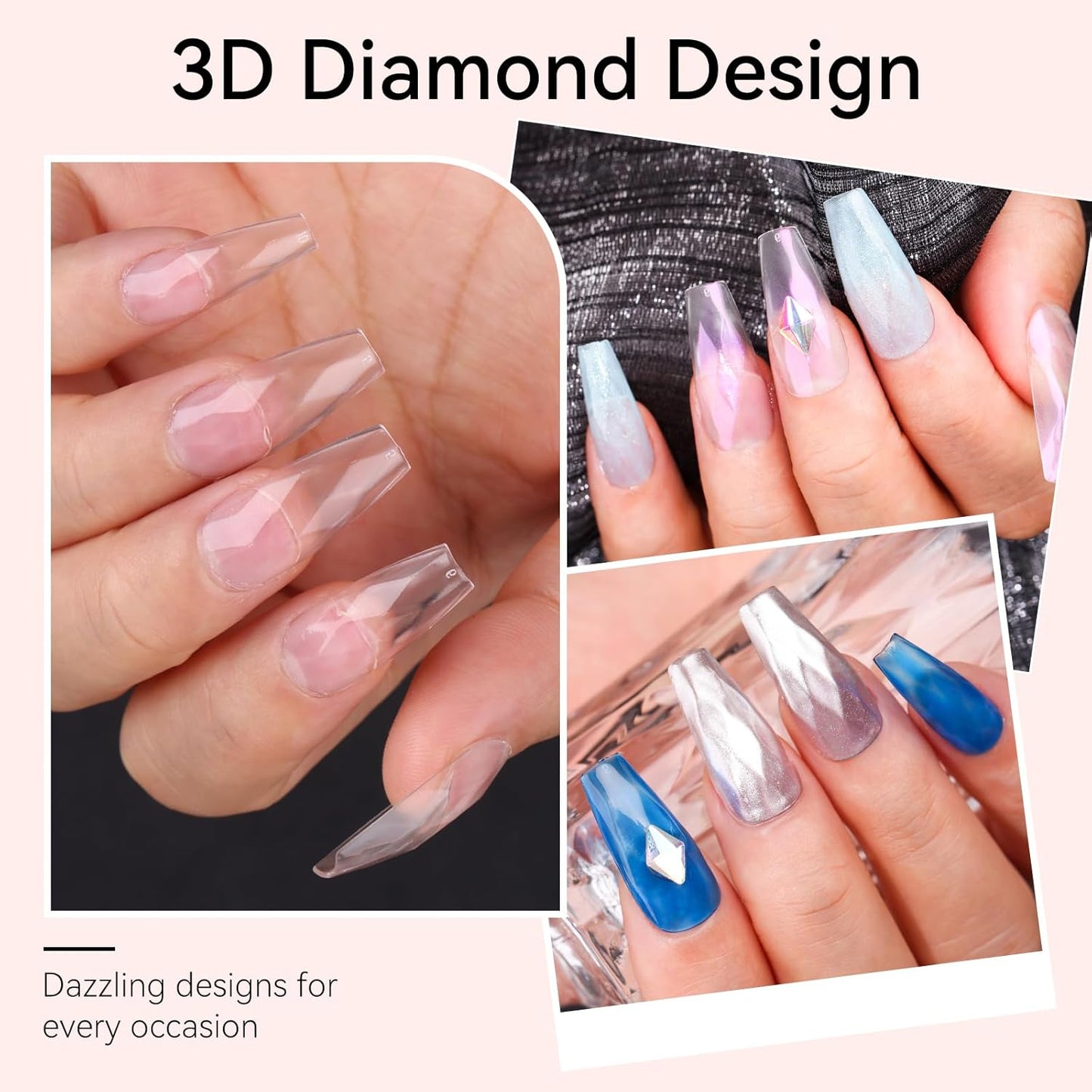 Makartt Medium Coffin Soft Gel Nail Tips: 120pcs 3D Diamond-Shaped Fake Nails Extension, 12 Sizes Full Cover Clear Press-On Tip, Natural Rhombus Lattice, Suit for Chrome Nail Powder