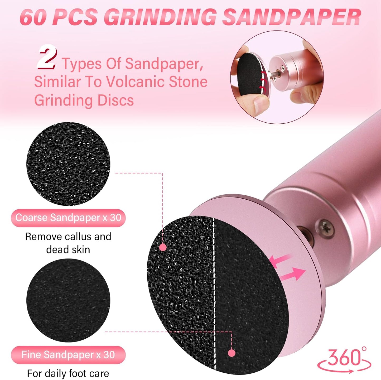 Electric Foot File - Adjustable Speed 1000RPM Callus Remover for Feet, 2 in 1 Foot Nail Grinder with 60Pcs Sandpaper Discs, Professional Pedicure Tool for Women Men Dead Dry Crack Skin Calluses