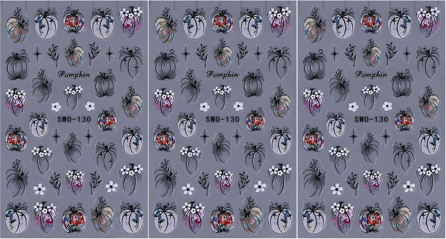 Pumpkin Nail Art Stickers 3Sheets 5D Embossed Nail Stickers Cute Pumpkins Leaves Flowers Design Nail Decals Fall Self-Adhesive Nail Supplies for Women Halloween Thanksgiving Day Nail Decoration