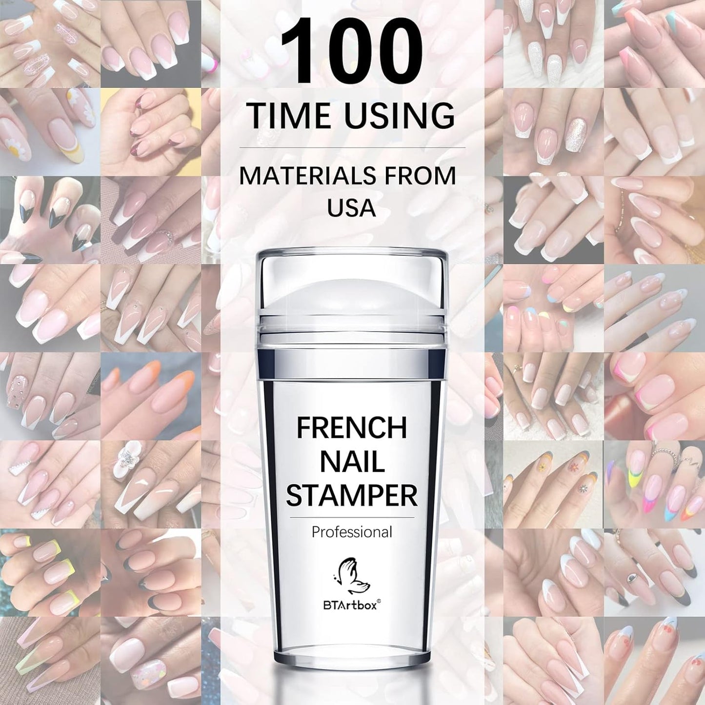 BTArtbox French Nail Stamper - French Tip Nail Tools with Nail Scraper and Replaceable Stamper Head, 100-Time Using Silicone Nail Stamper Kit for Gel Nail Polish DIY Nail Art Tools